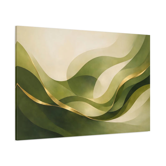 Main Mockup. Abstract Abstract Waves Green And Gold Abstract shown as stretched canvas wall art