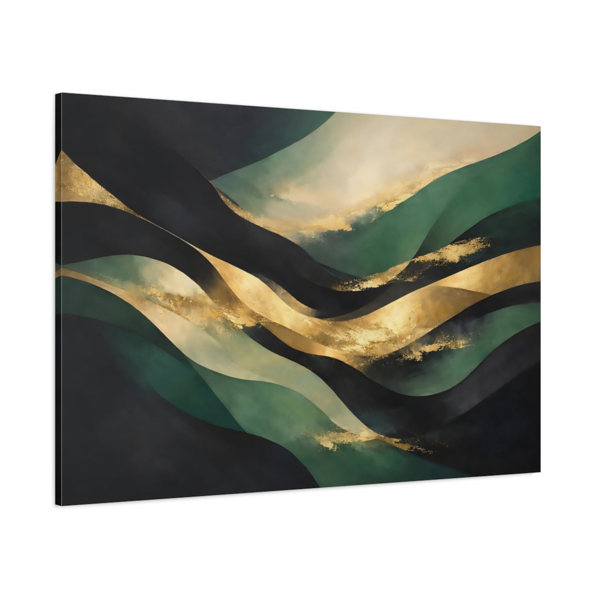 Main Mockup. Abstract Abstract Waves Green And Gold Abstract shown as stretched canvas wall art