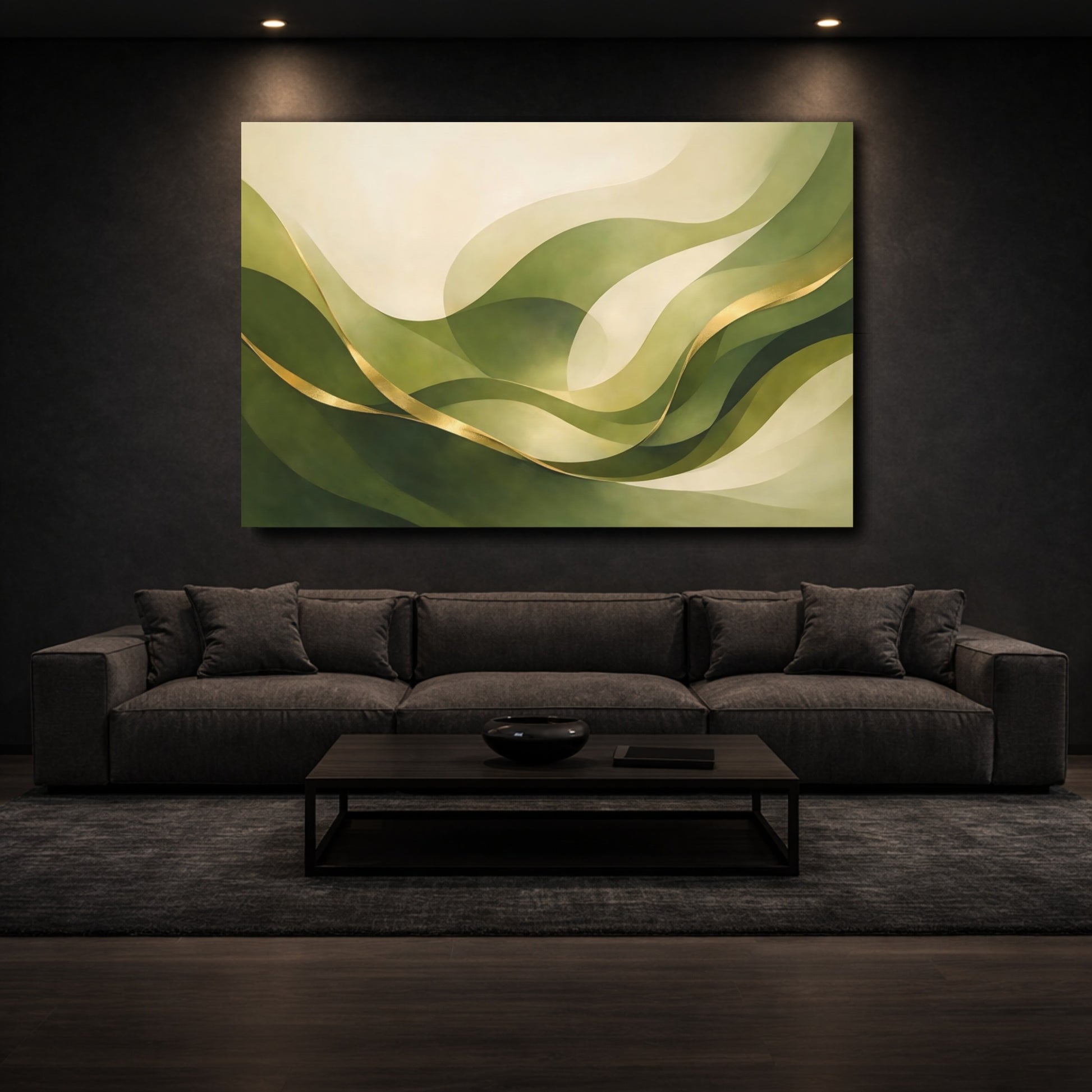 Mockup 2. Abstract Abstract Waves Green And Gold Abstract shown as stretched canvas wall art