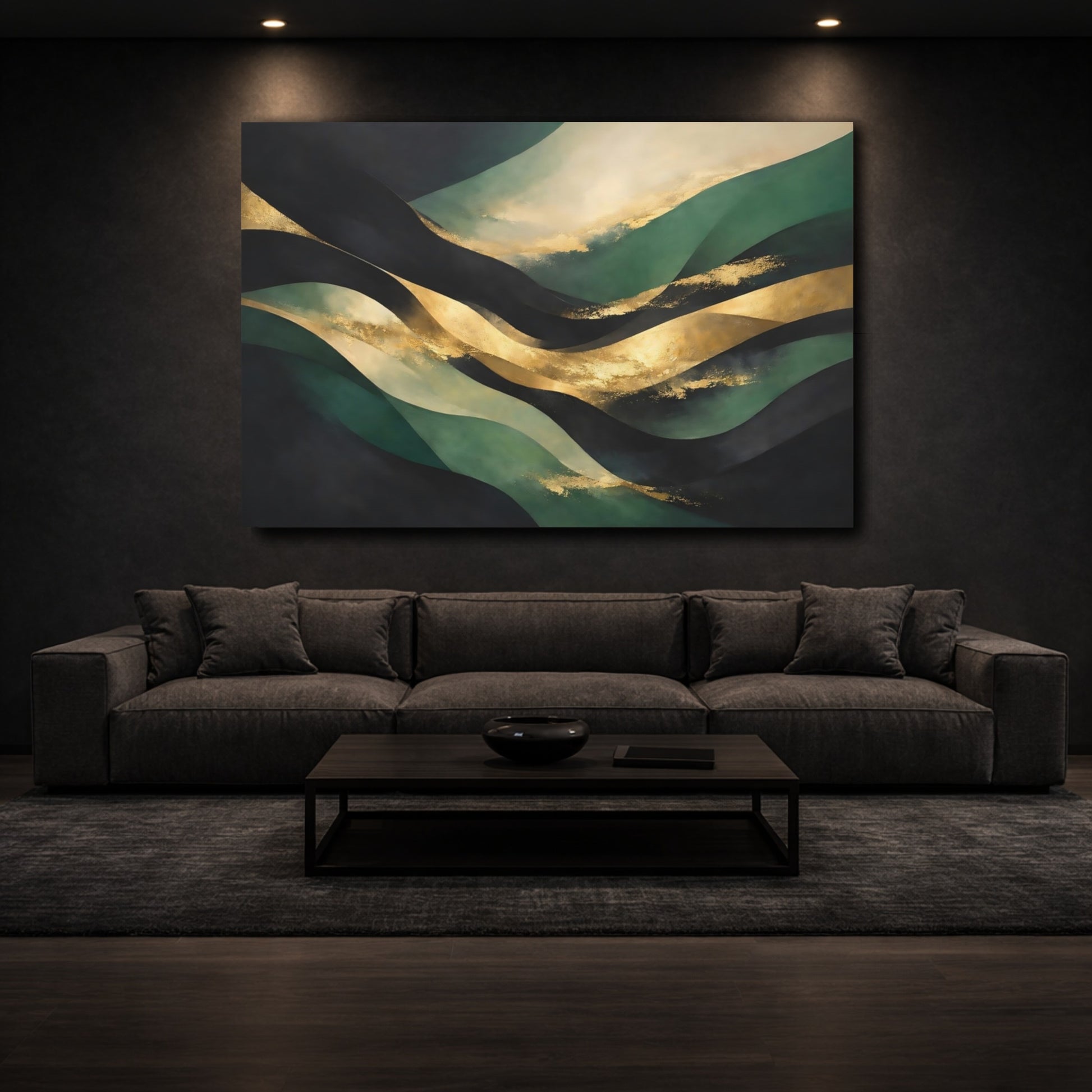 Mockup 2. Abstract Abstract Waves Green And Gold Abstract shown as stretched canvas wall art