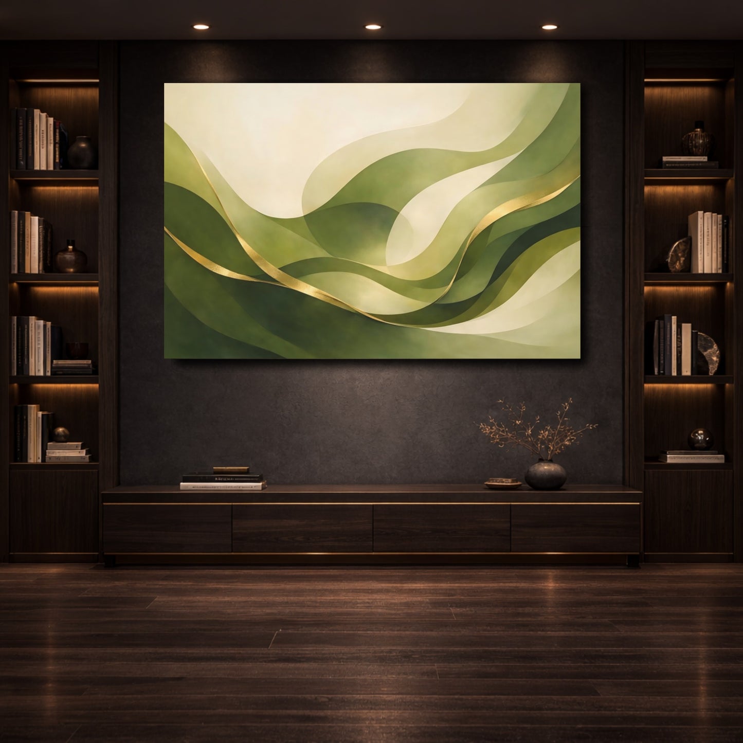 Mockup 3. Abstract Abstract Waves Green And Gold Abstract shown as stretched canvas wall art