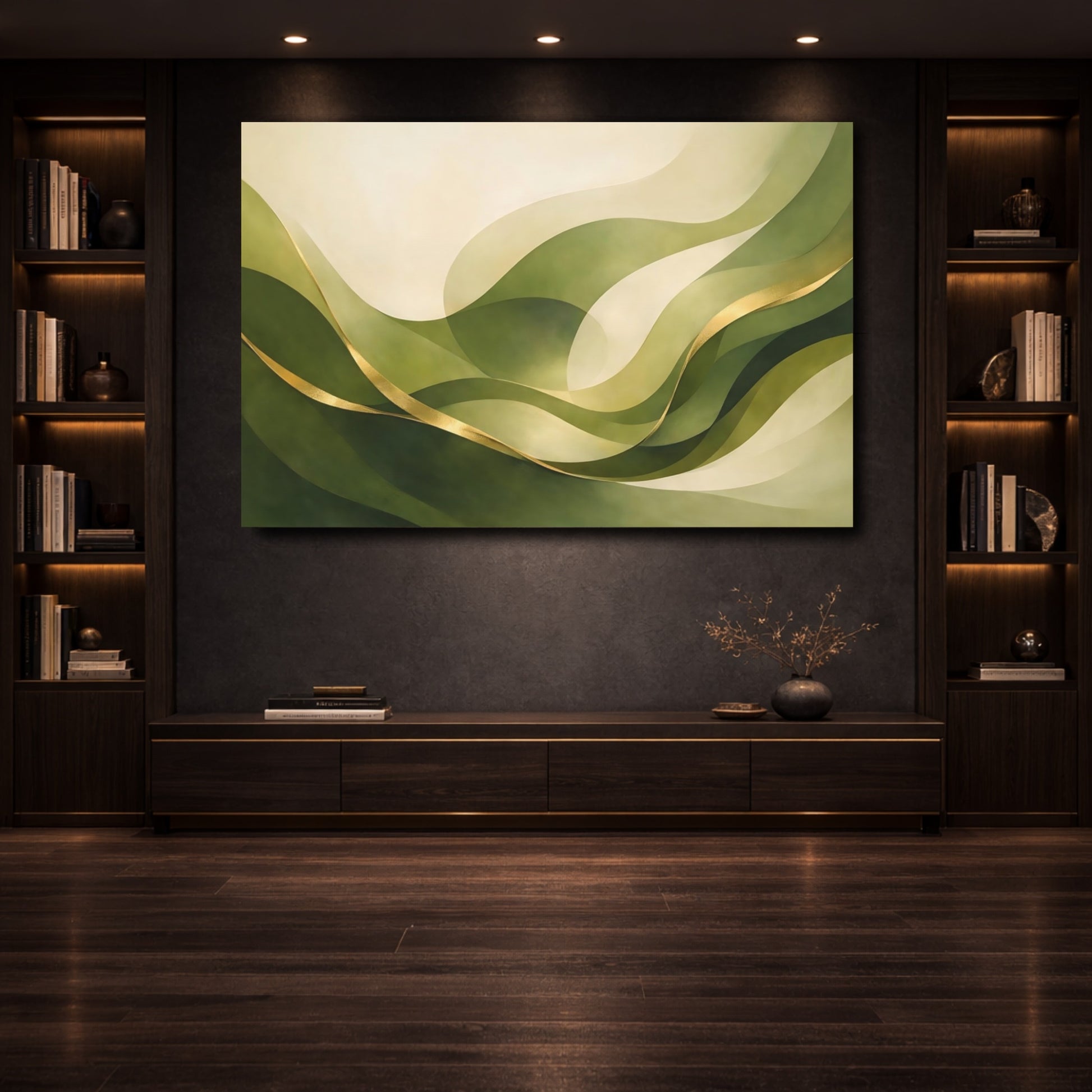 Mockup 3. Abstract Abstract Waves Green And Gold Abstract shown as stretched canvas wall art