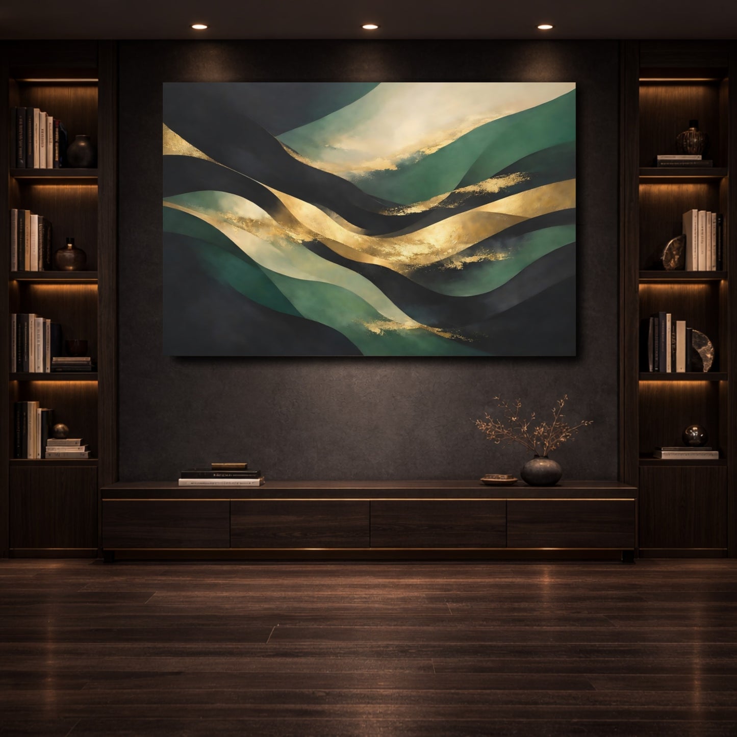 Mockup 3. Abstract Abstract Waves Green And Gold Abstract shown as stretched canvas wall art