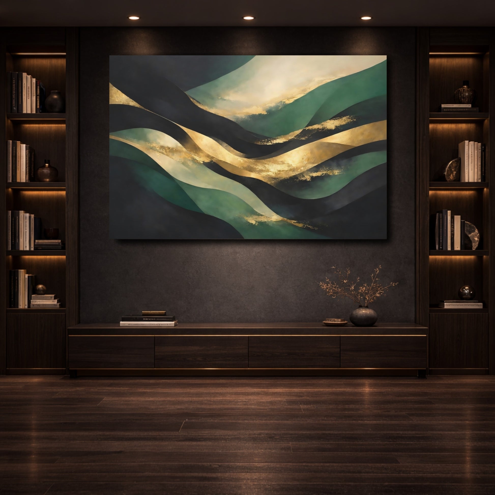 Mockup 3. Abstract Abstract Waves Green And Gold Abstract shown as stretched canvas wall art