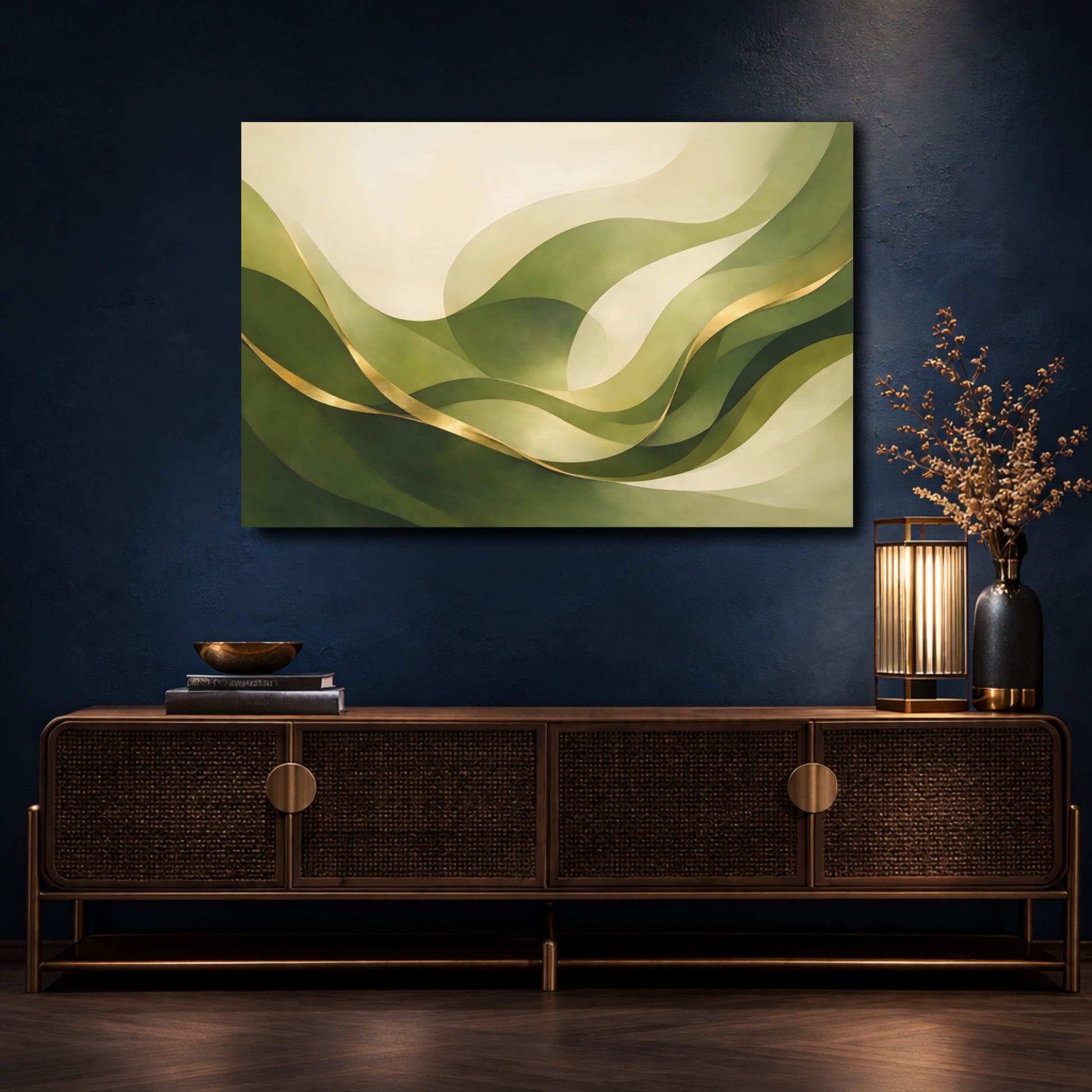 Mockup 4. Abstract Abstract Waves Green And Gold Abstract shown as stretched canvas wall art
