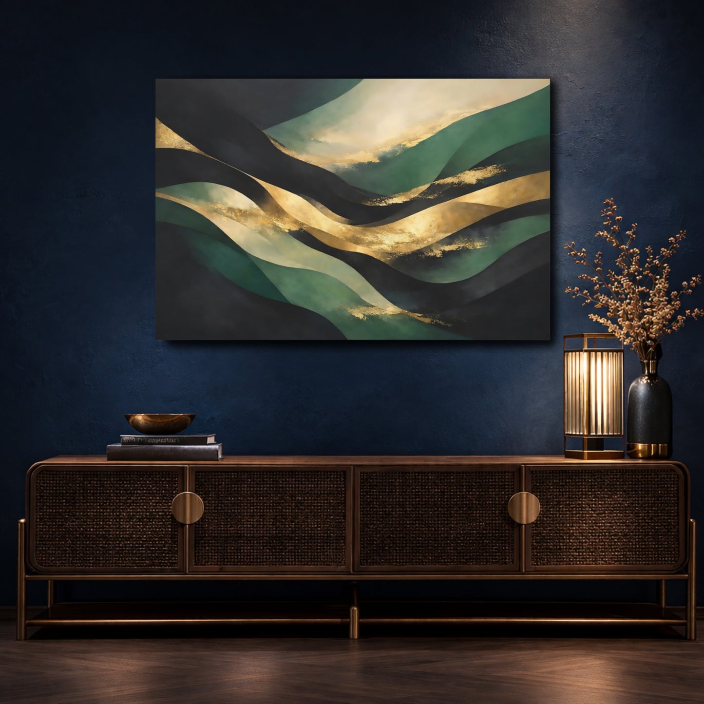 Mockup 4. Abstract Abstract Waves Green And Gold Abstract shown as stretched canvas wall art