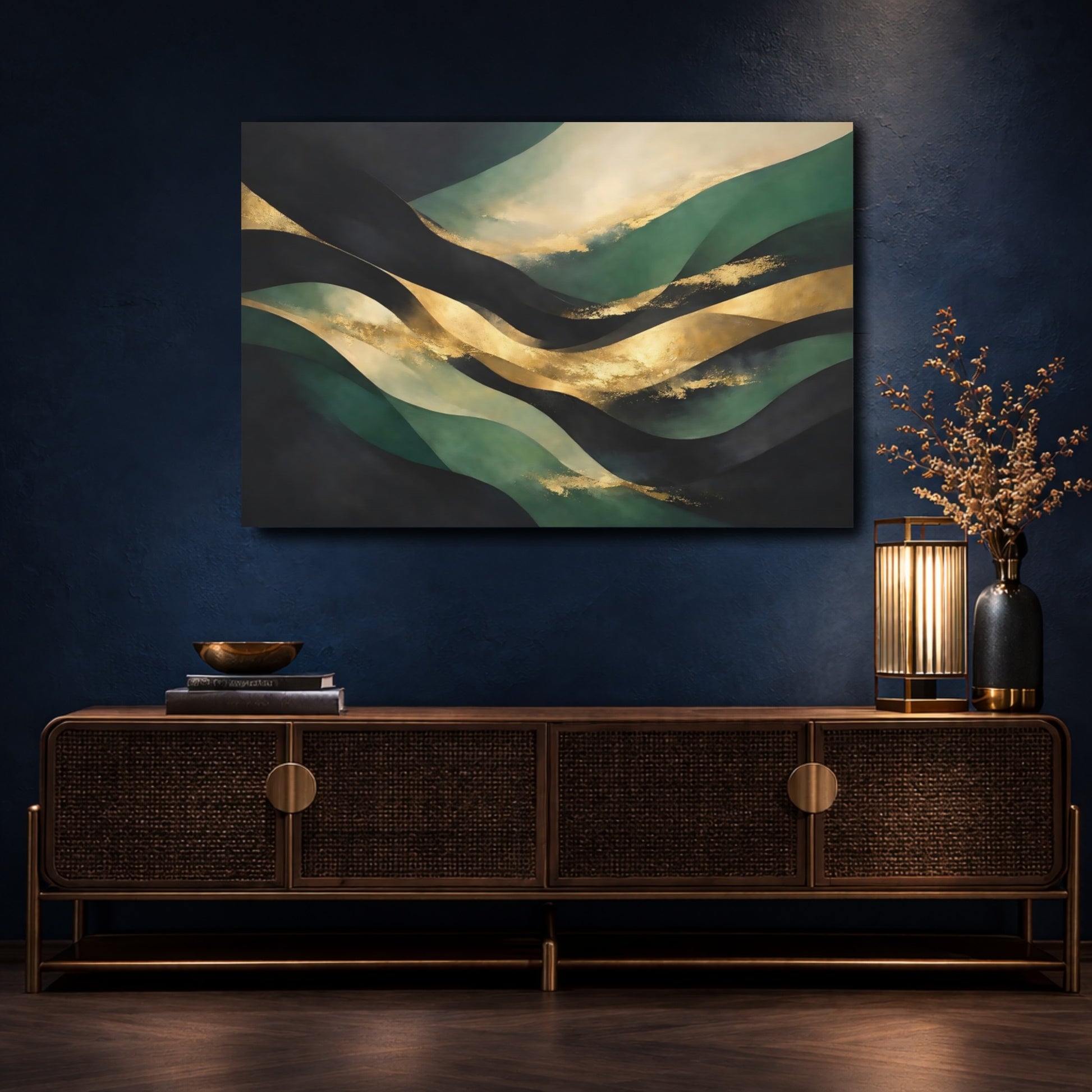 Mockup 4. Abstract Abstract Waves Green And Gold Abstract shown as stretched canvas wall art