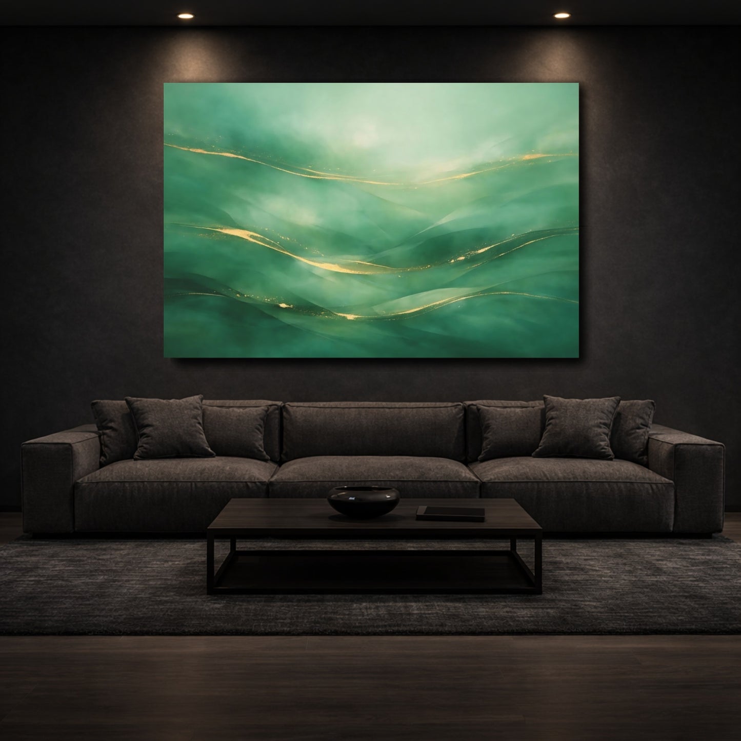 Mockup 2. Abstract Abstract Waves Green And Gold shown as stretched canvas wall art
