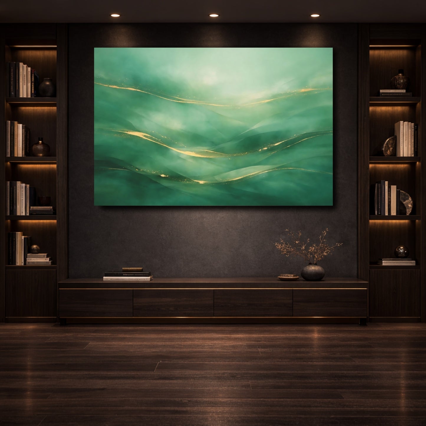 Mockup 3. Abstract Abstract Waves Green And Gold shown as stretched canvas wall art
