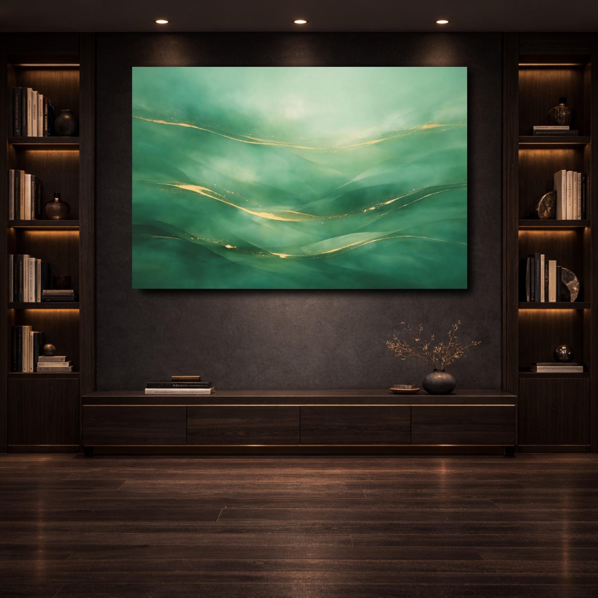 Mockup 3. Abstract Abstract Waves Green And Gold shown as stretched canvas wall art