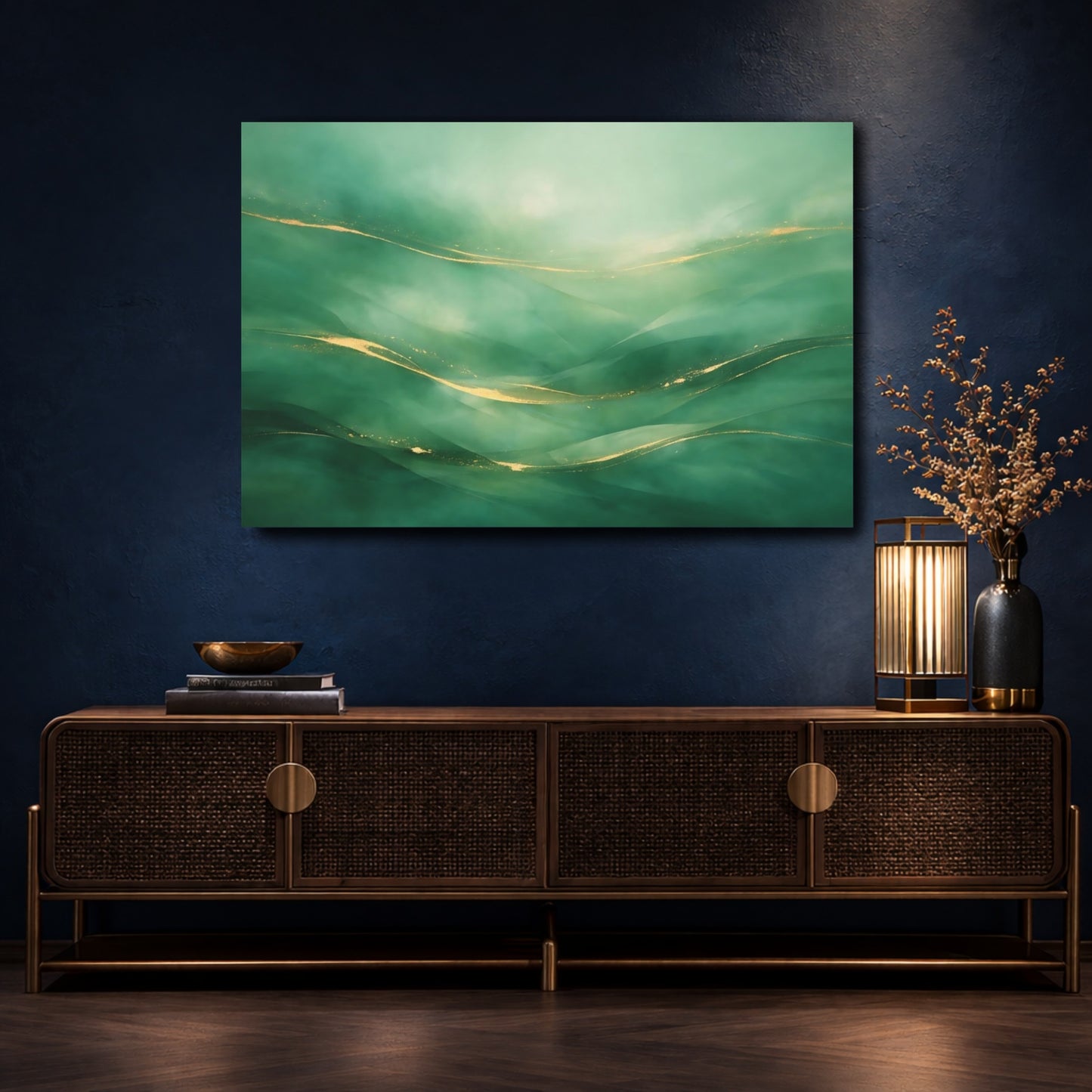 Mockup 4. Abstract Abstract Waves Green And Gold shown as stretched canvas wall art