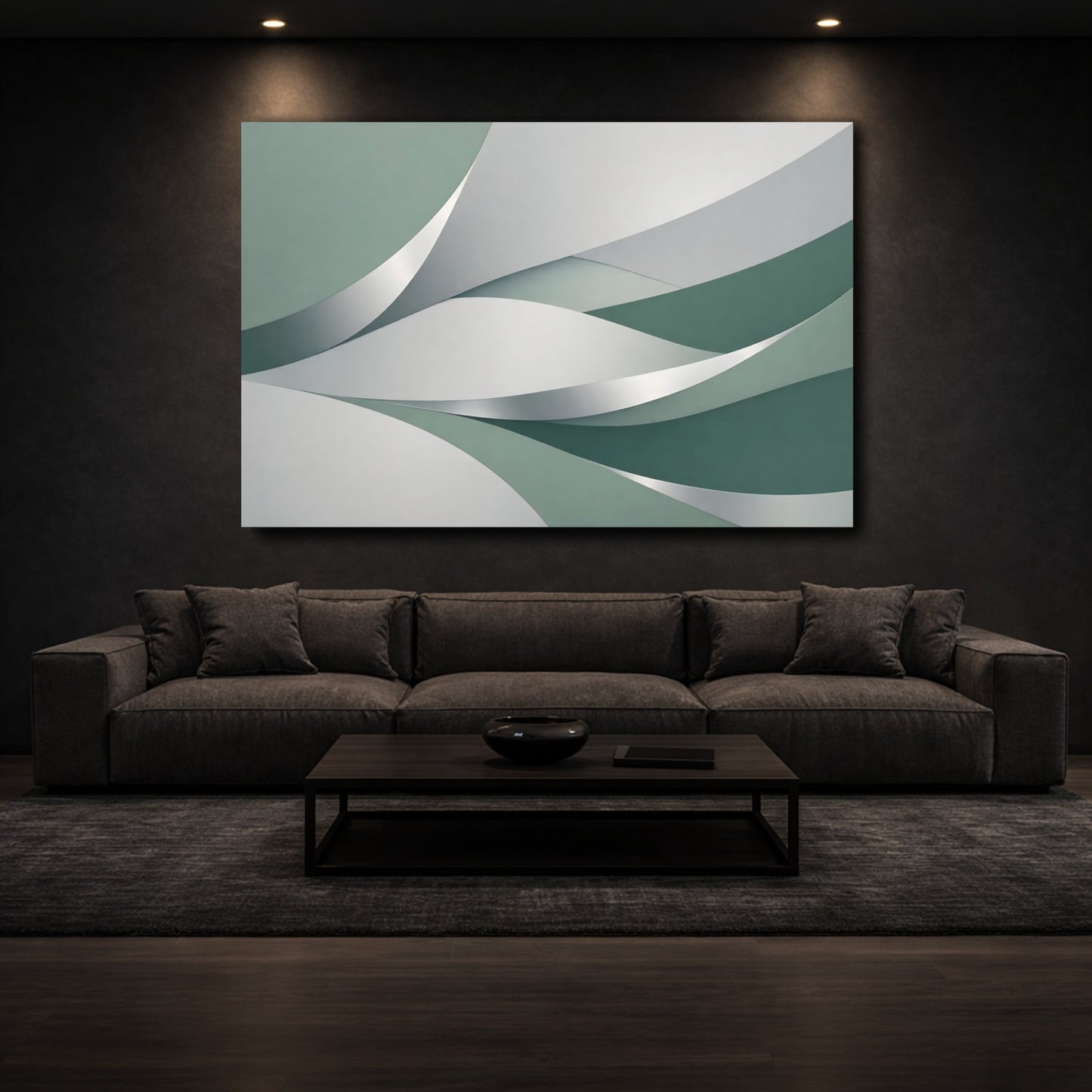 Mockup 2. Abstract Abstract Waves Green And Grey shown as stretched canvas wall art