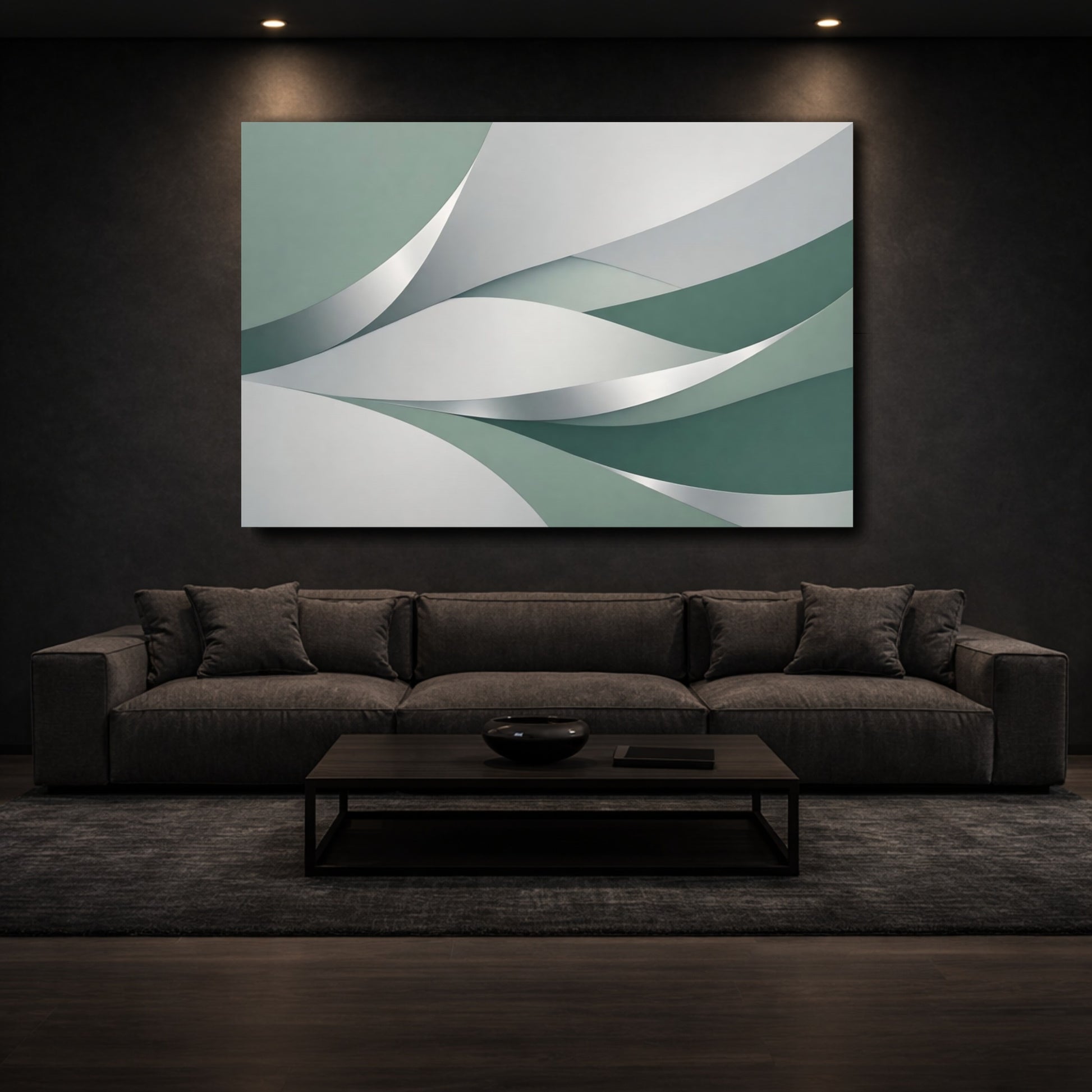 Mockup 2. Abstract Abstract Waves Green And Grey shown as stretched canvas wall art