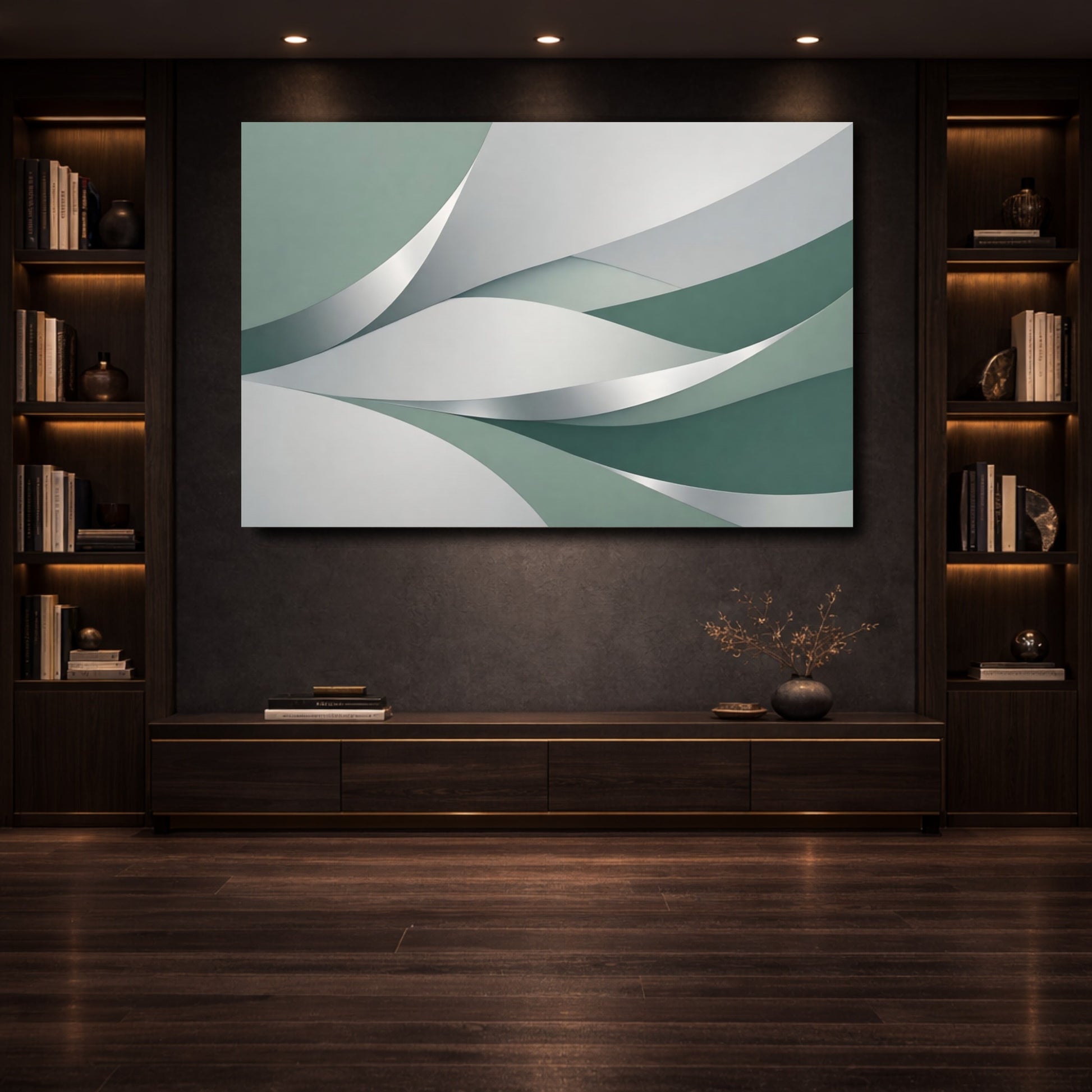 Mockup 3. Abstract Abstract Waves Green And Grey shown as stretched canvas wall art