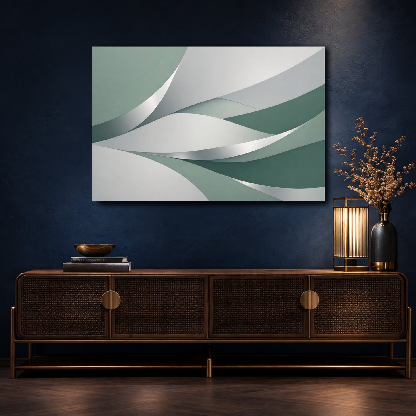 Mockup 4. Abstract Abstract Waves Green And Grey shown as stretched canvas wall art