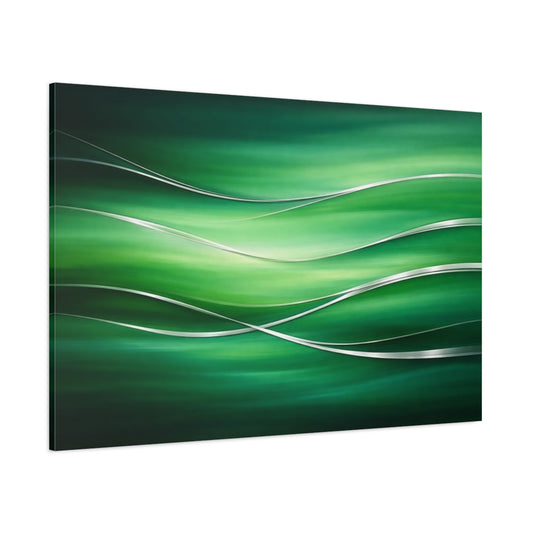 Main Mockup. Abstract Abstract Waves Green And Silver shown as stretched canvas wall art