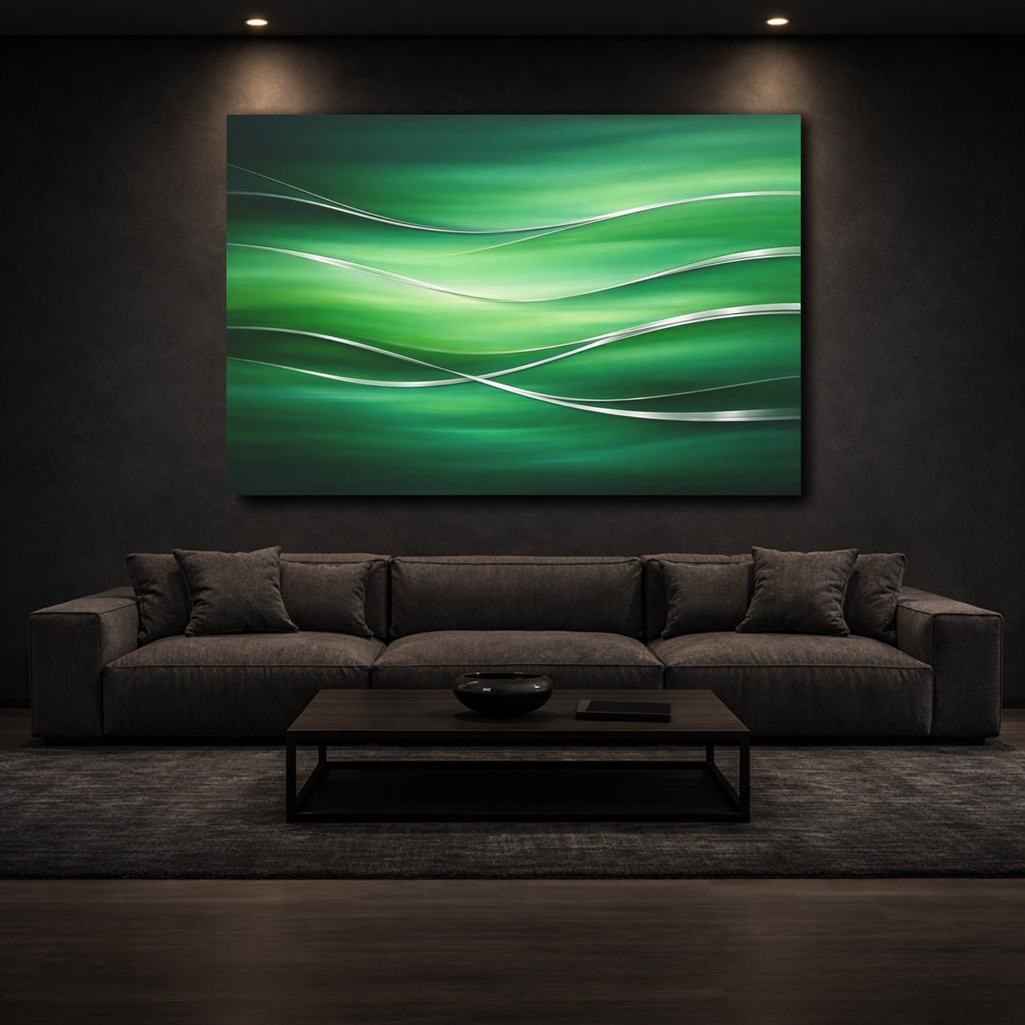 Mockup 2. Abstract Abstract Waves Green And Silver shown as stretched canvas wall art