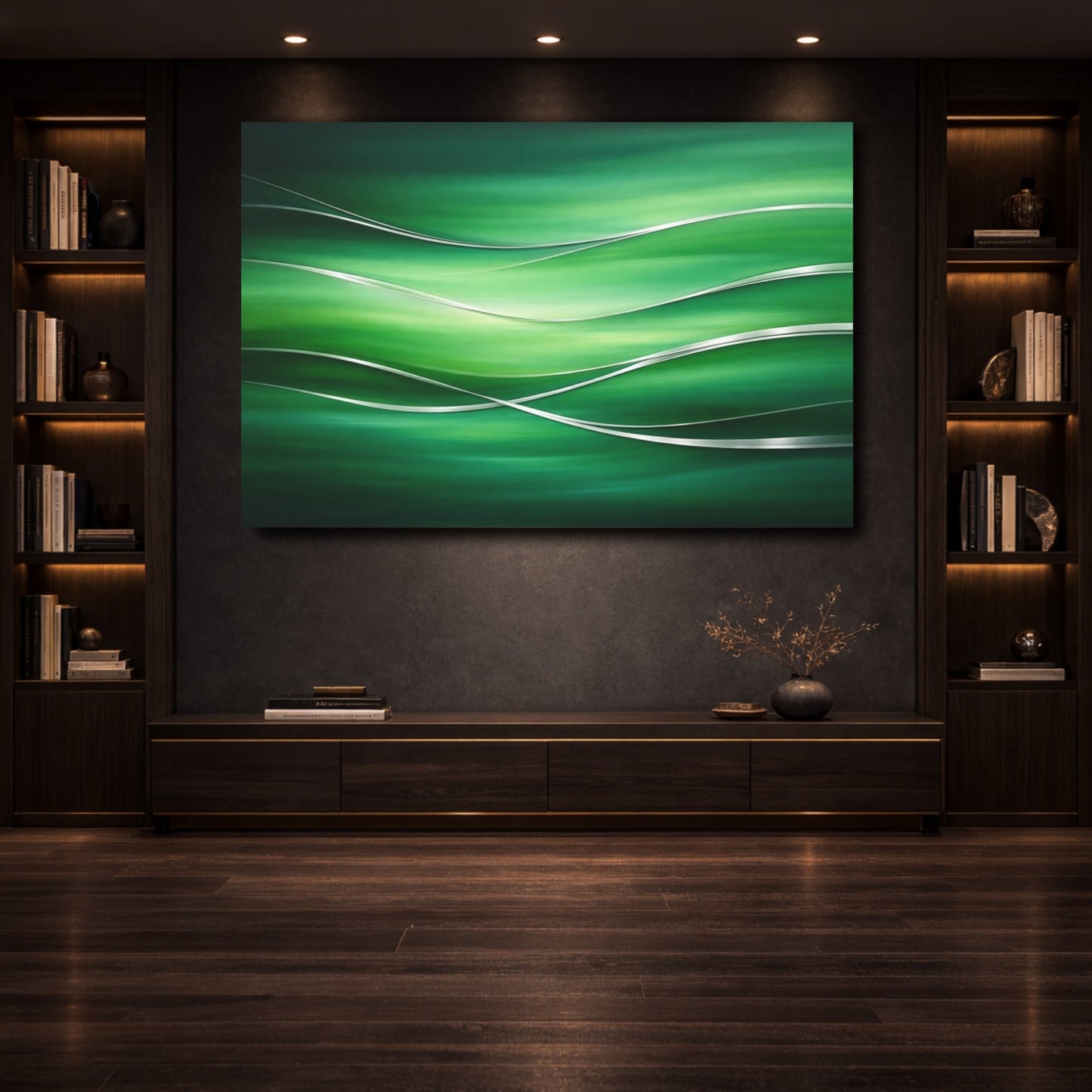 Mockup 3. Abstract Abstract Waves Green And Silver shown as stretched canvas wall art