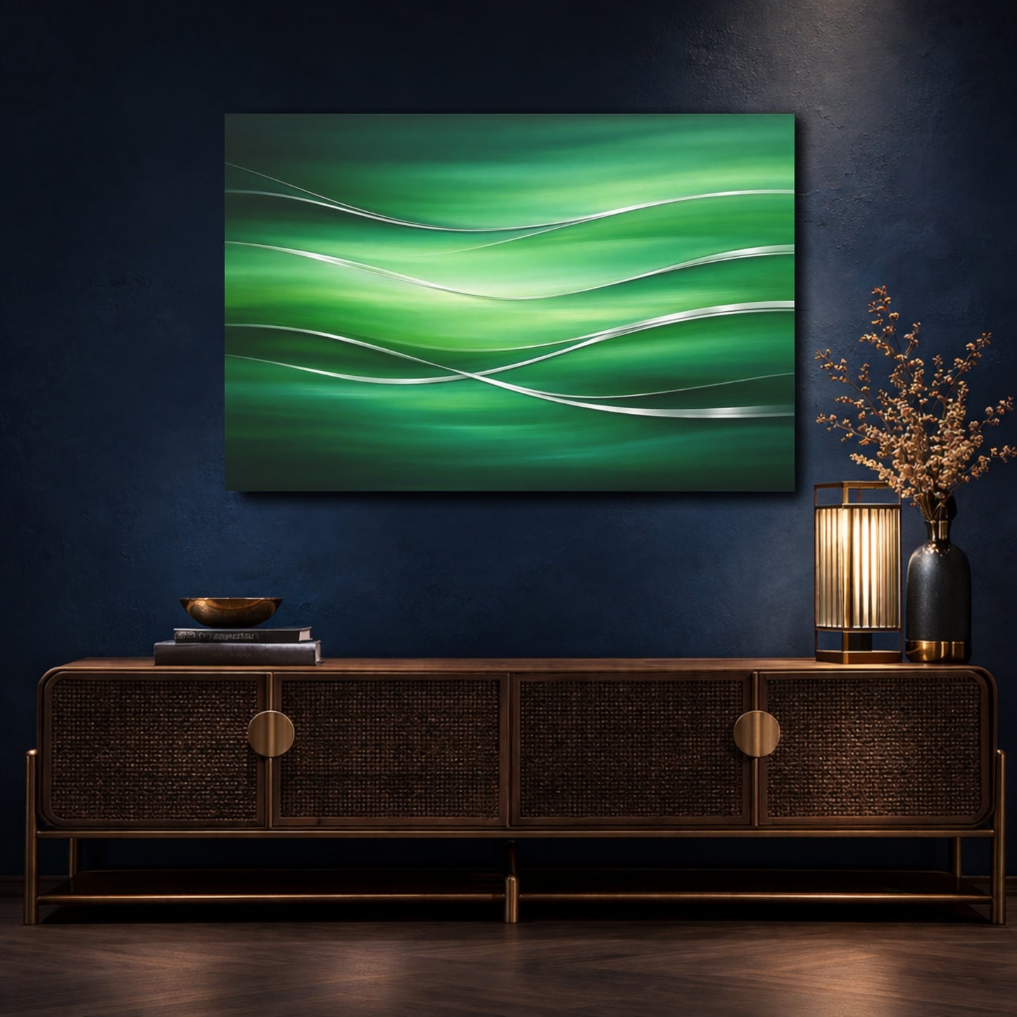 Mockup 4. Abstract Abstract Waves Green And Silver shown as stretched canvas wall art