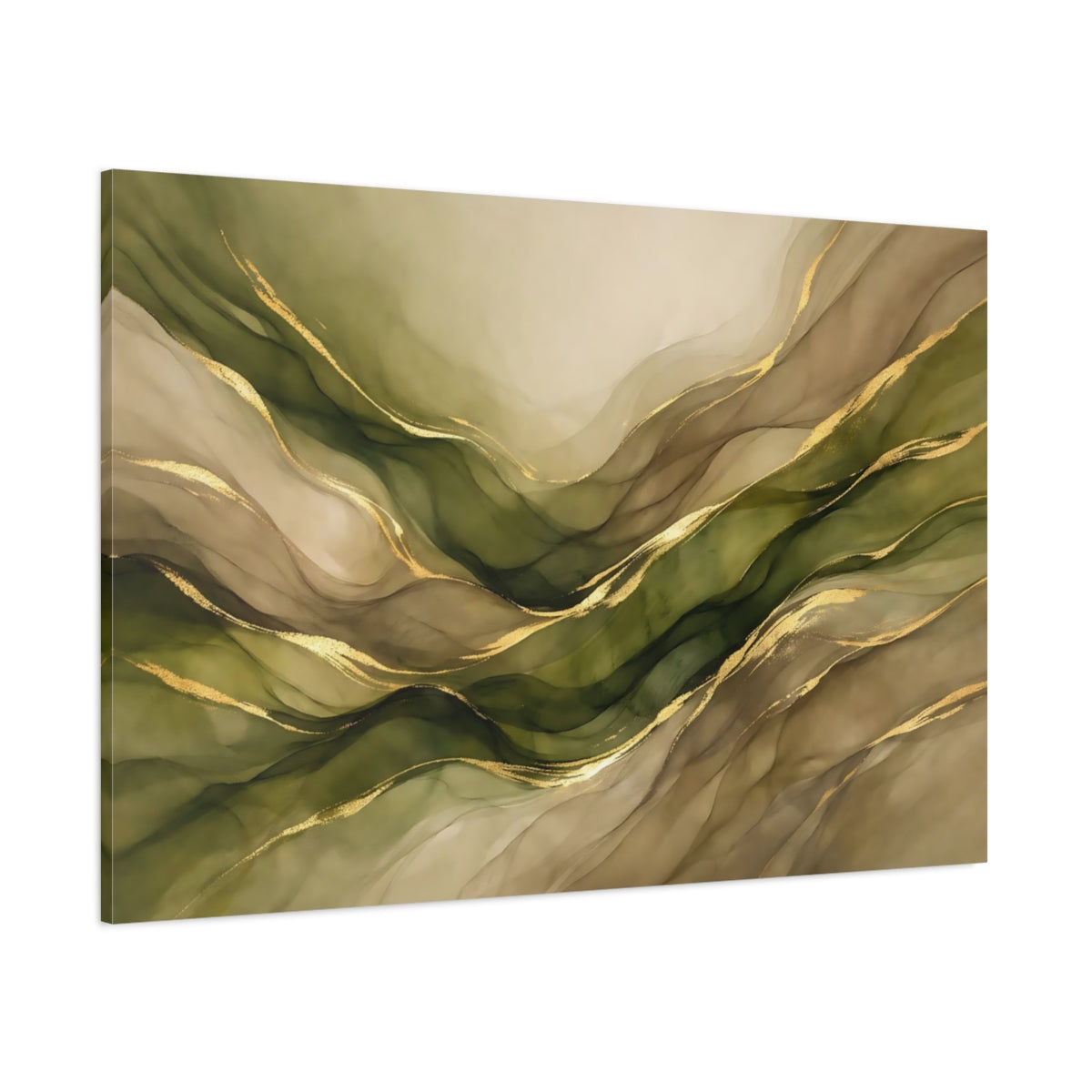 Main Mockup. Abstract Abstract Waves Green Gold Abstract shown as stretched canvas wall art