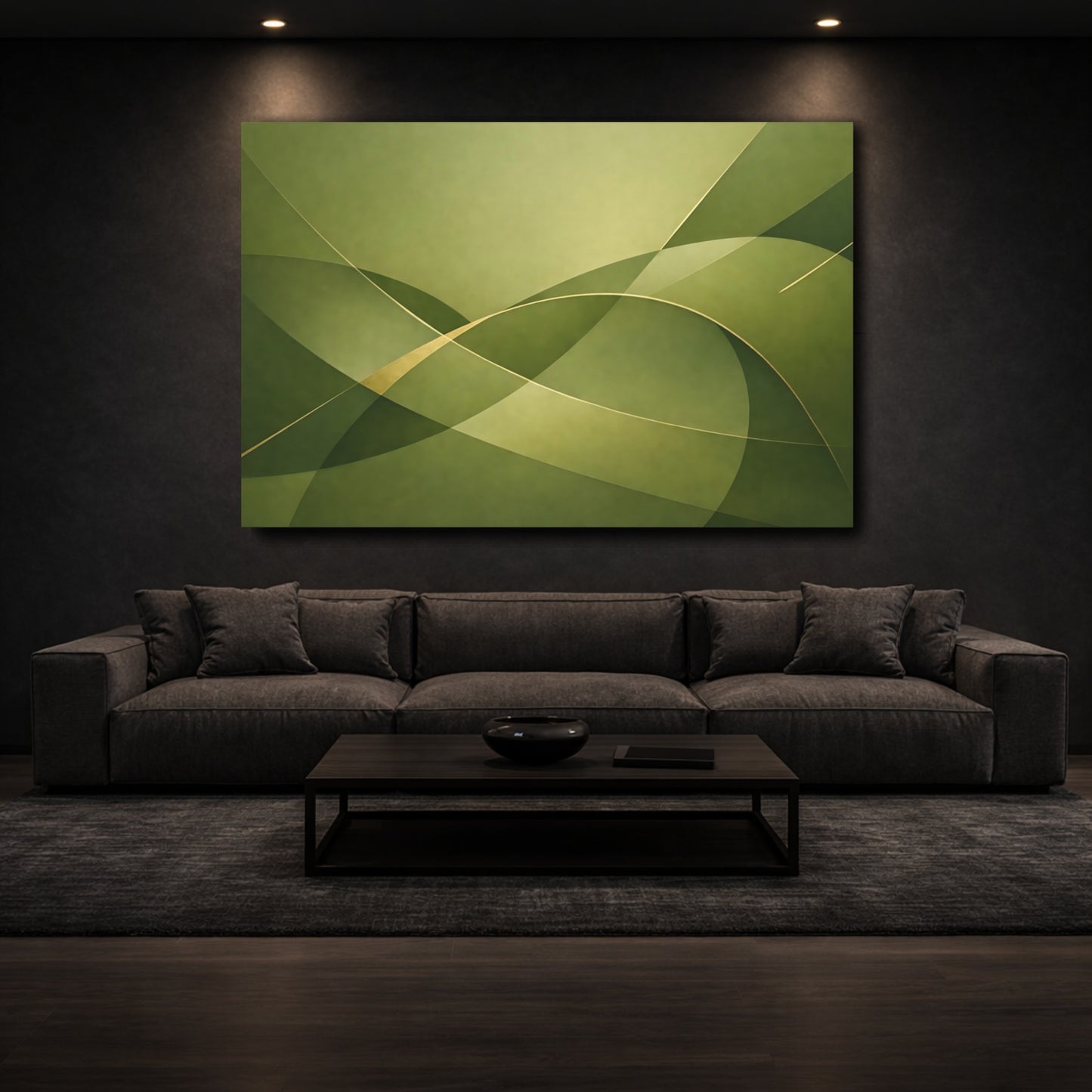 Mockup 2. Abstract Abstract Waves Green Gold Abstract shown as stretched canvas wall art