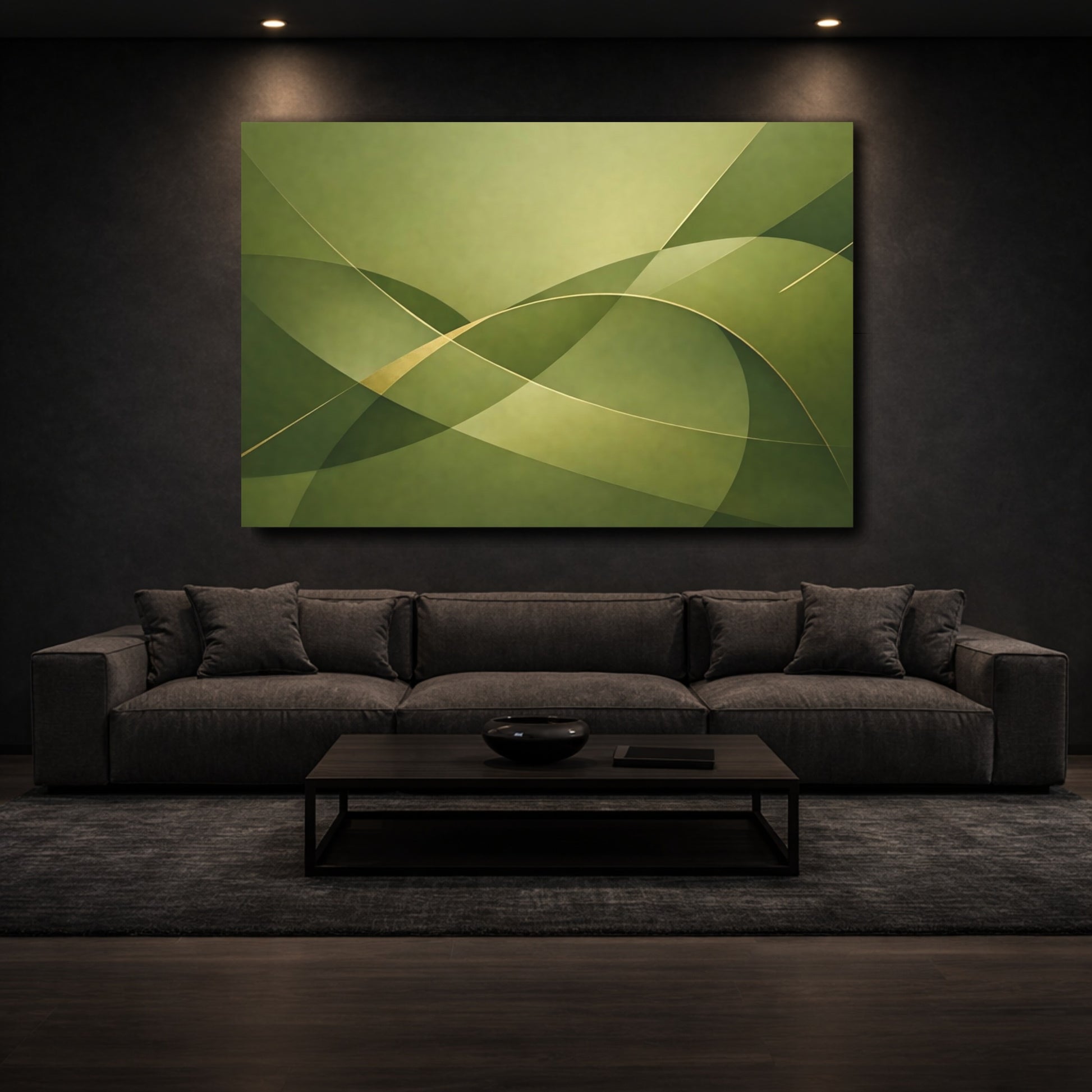 Mockup 2. Abstract Abstract Waves Green Gold Abstract shown as stretched canvas wall art