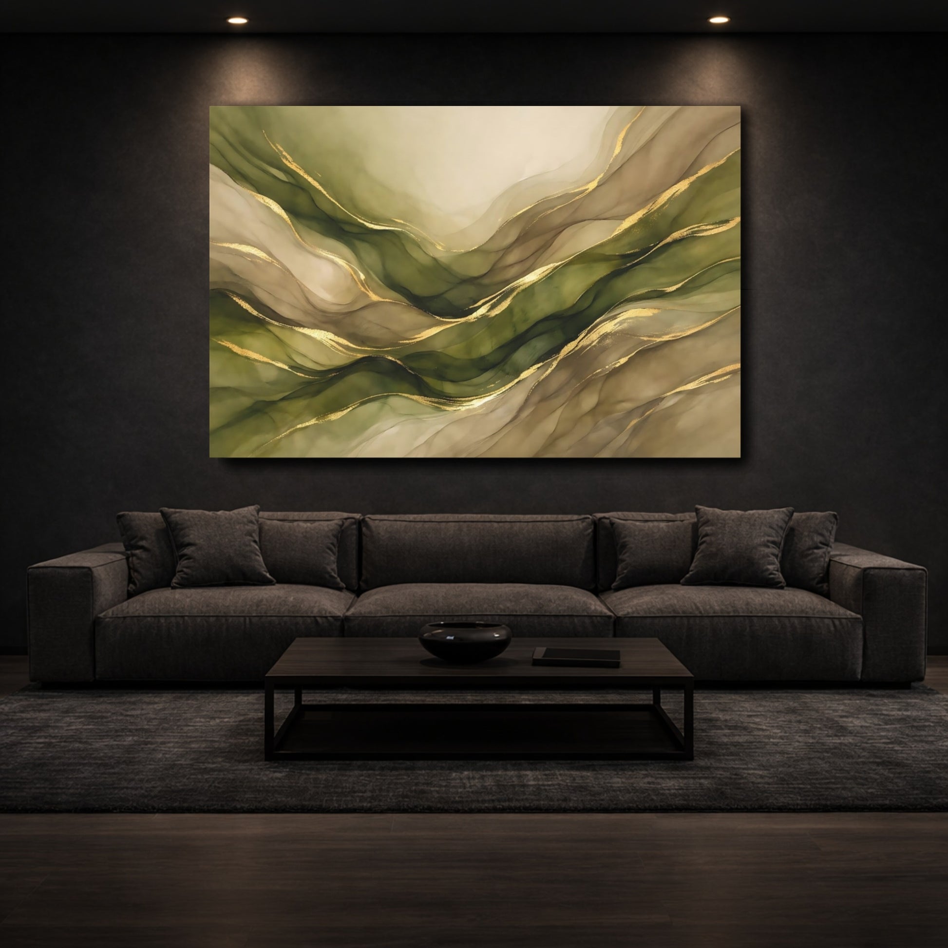 Mockup 2. Abstract Abstract Waves Green Gold Abstract shown as stretched canvas wall art