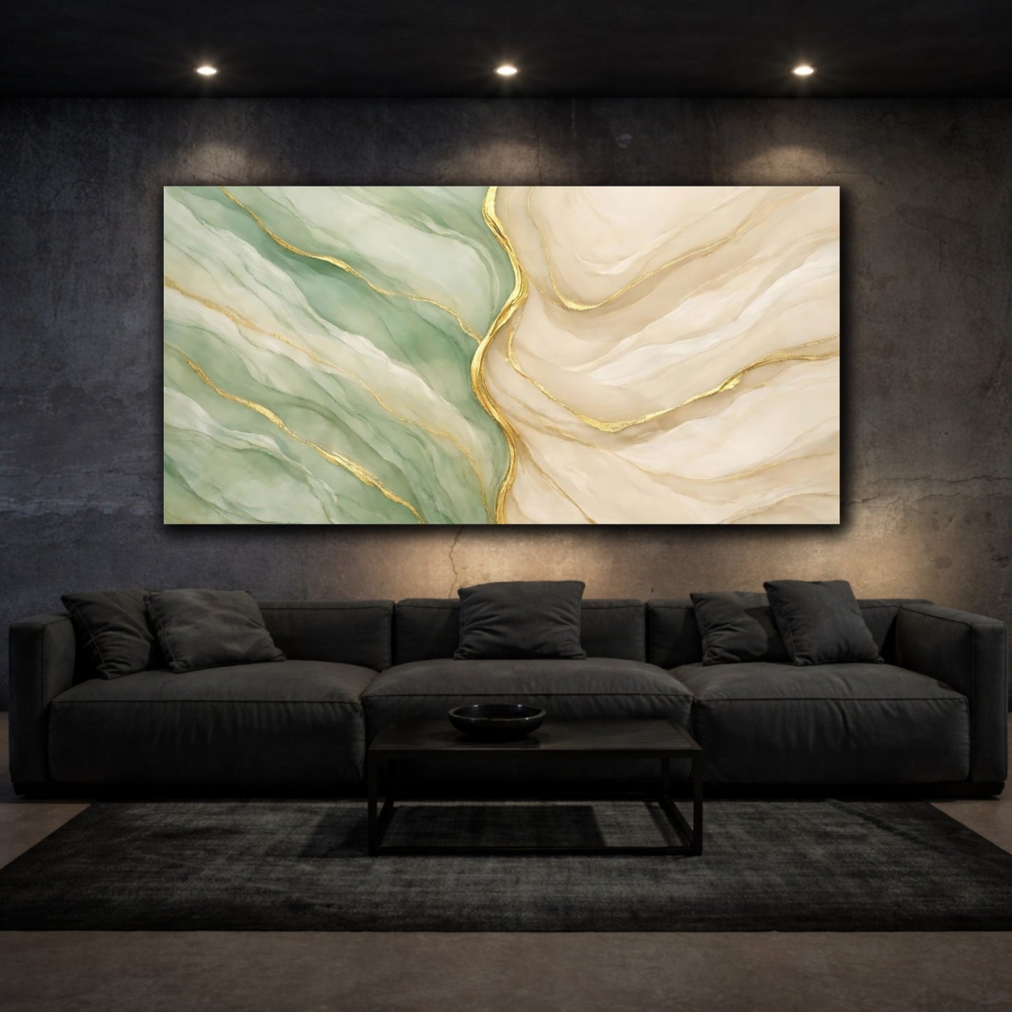 Mockup 2. Abstract Abstract Waves Green Gold Abstract shown as stretched canvas wall art