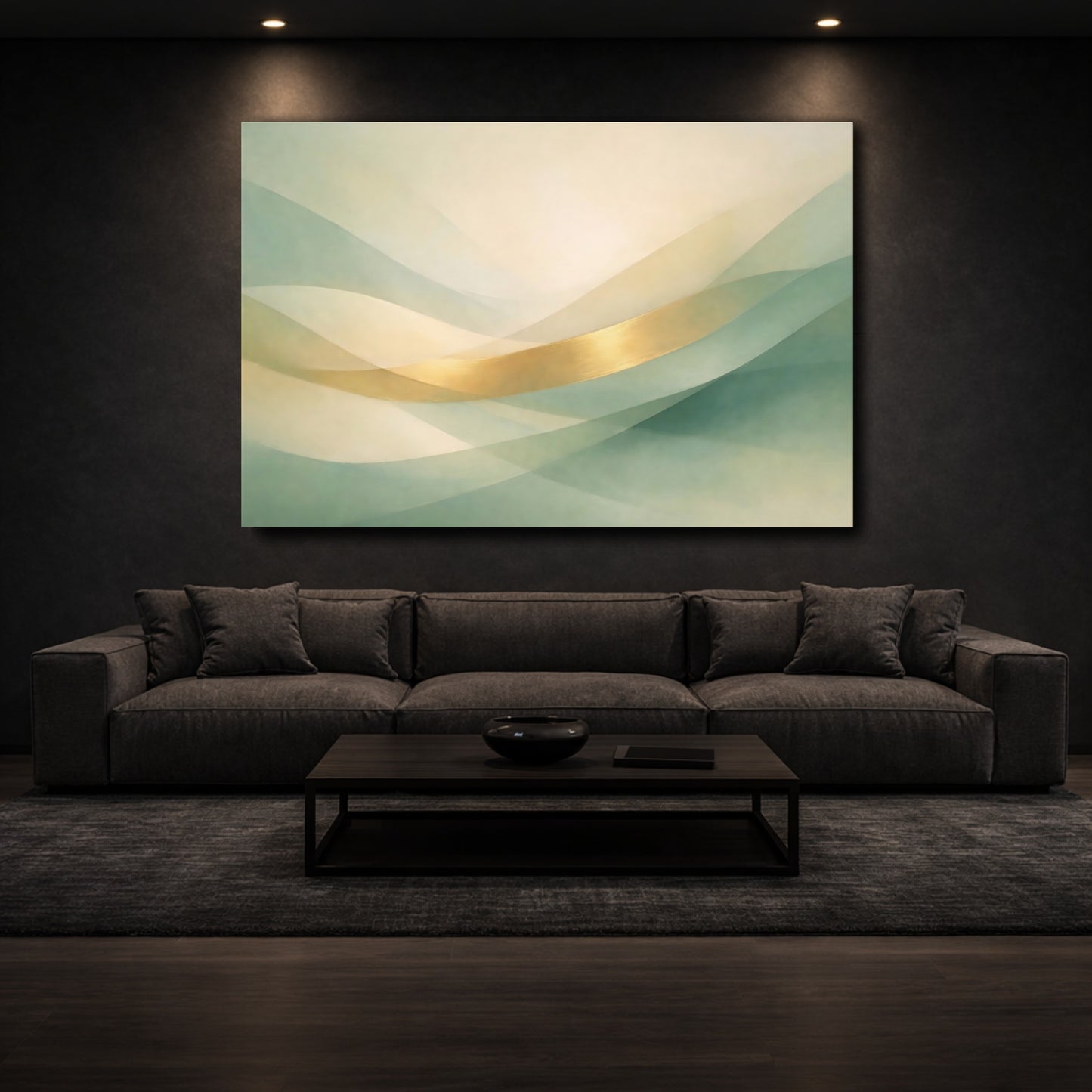 Mockup 2. Abstract Abstract Waves Green Gold Abstract shown as stretched canvas wall art