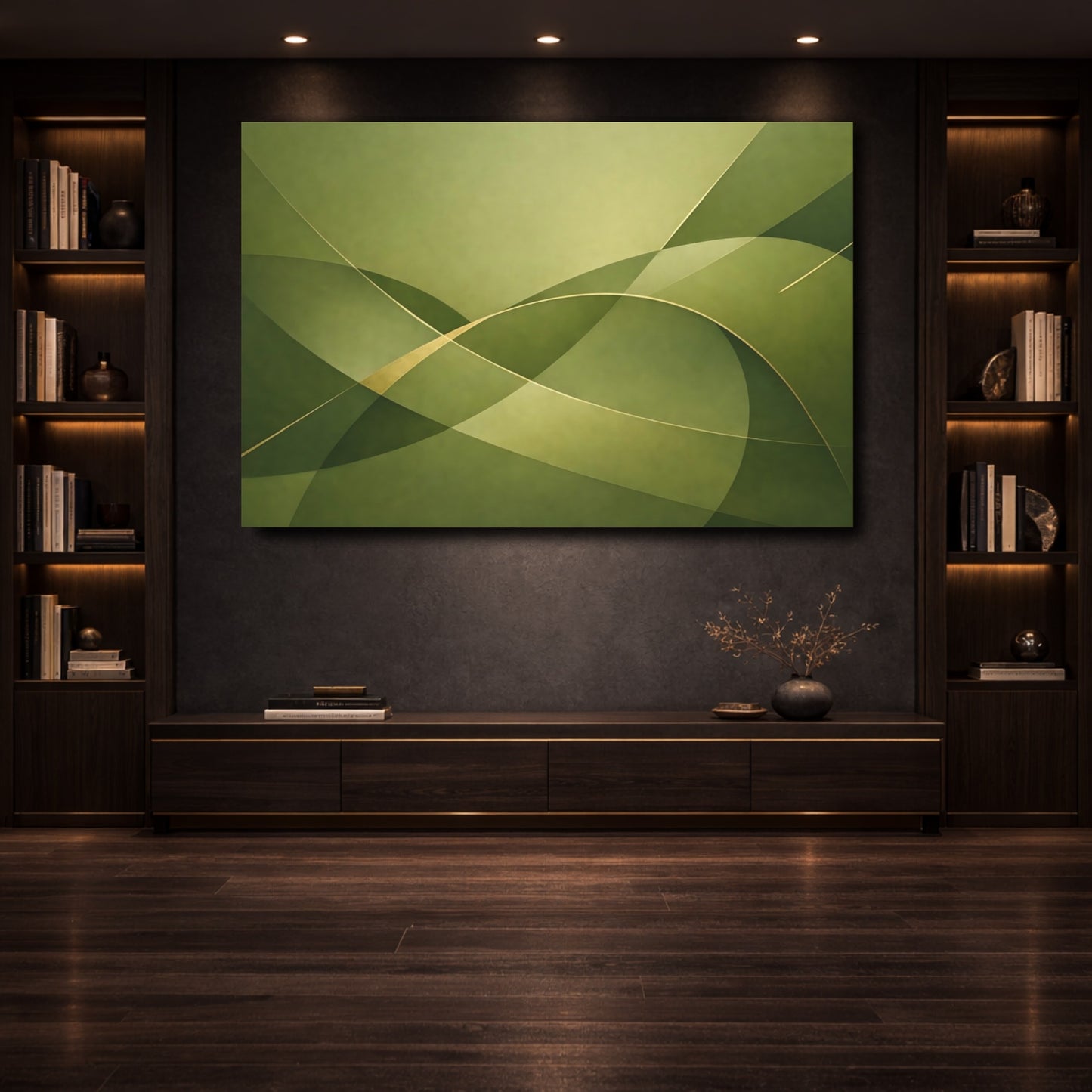 Mockup 3. Abstract Abstract Waves Green Gold Abstract shown as stretched canvas wall art