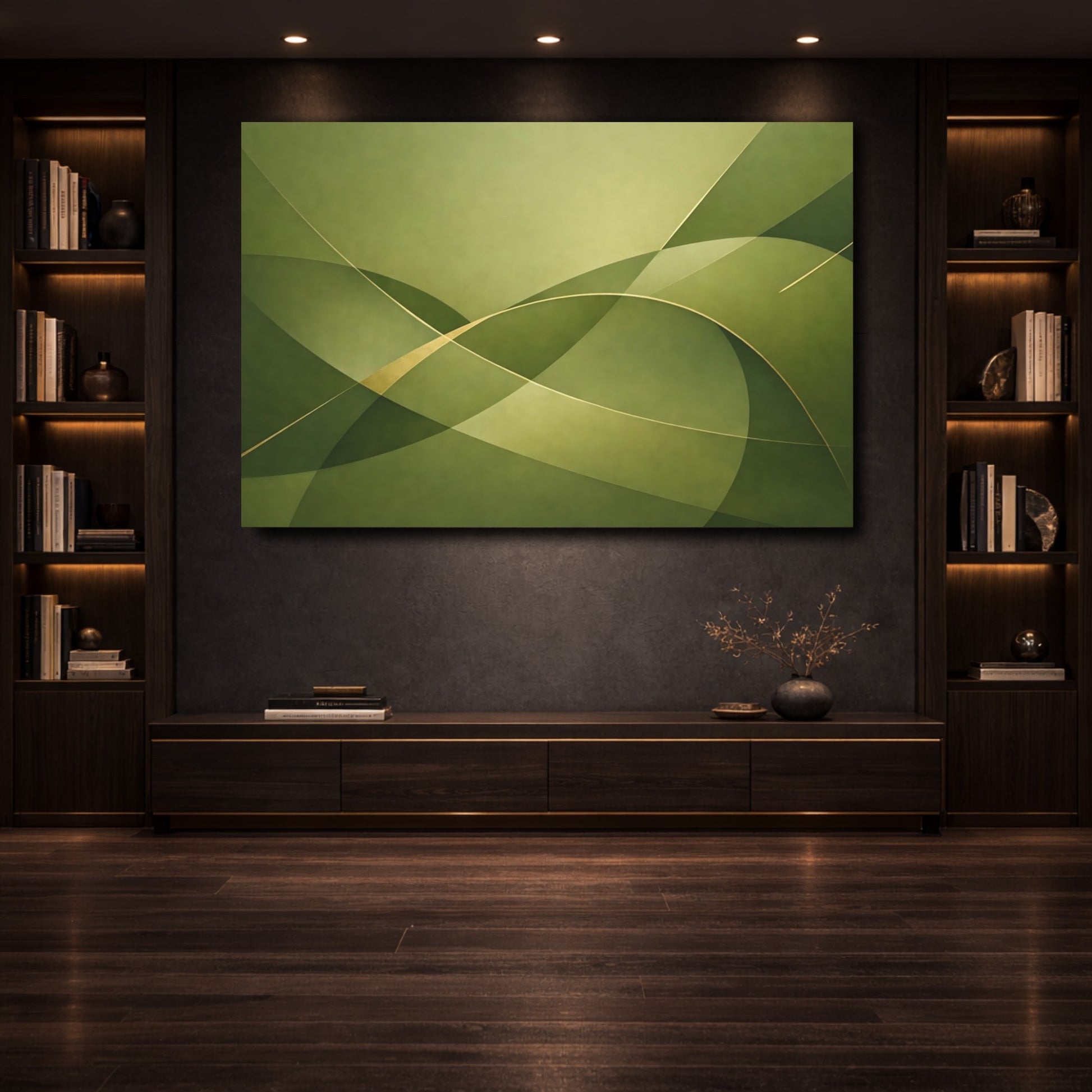 Mockup 3. Abstract Abstract Waves Green Gold Abstract shown as stretched canvas wall art