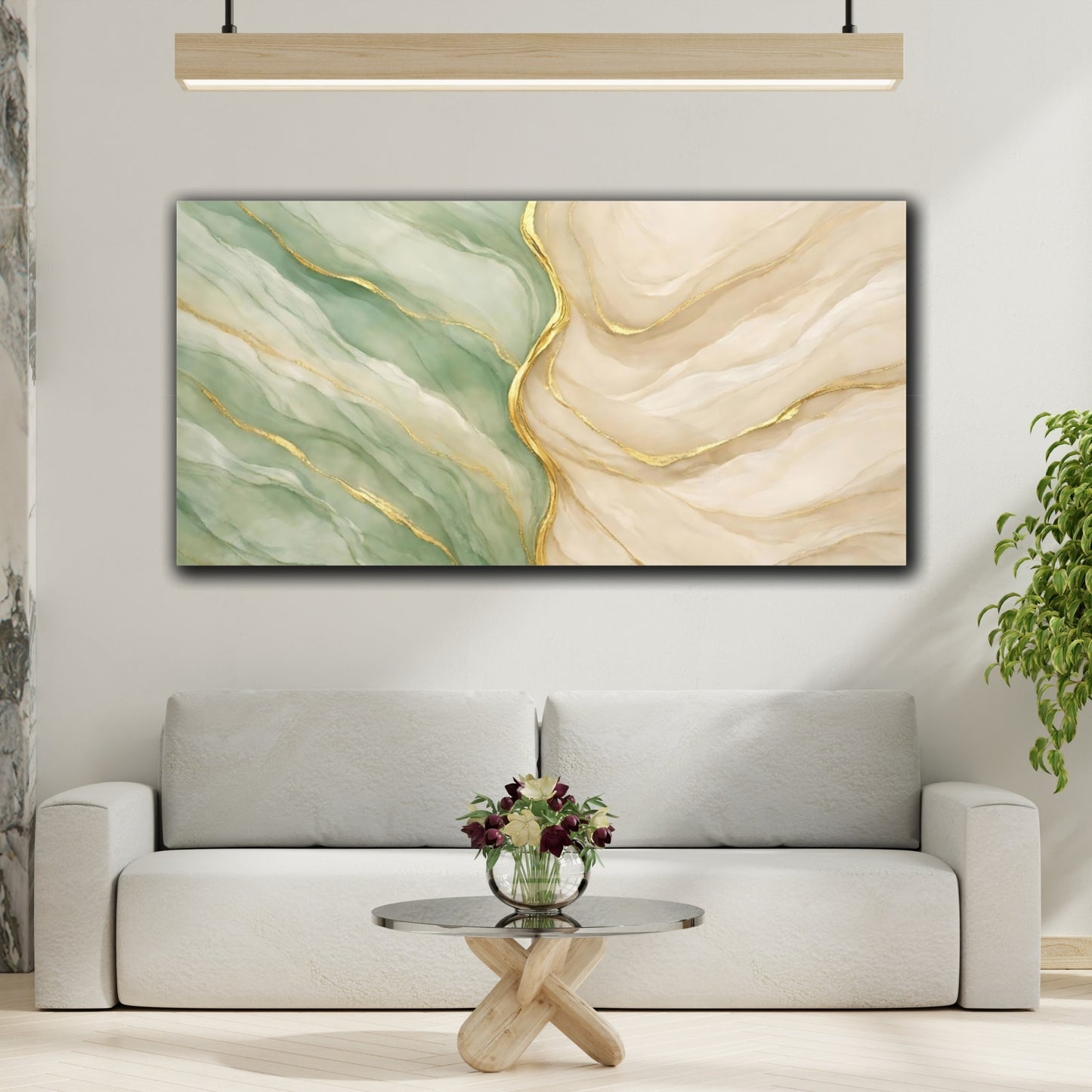 Mockup 3. Abstract Abstract Waves Green Gold Abstract shown as stretched canvas wall art