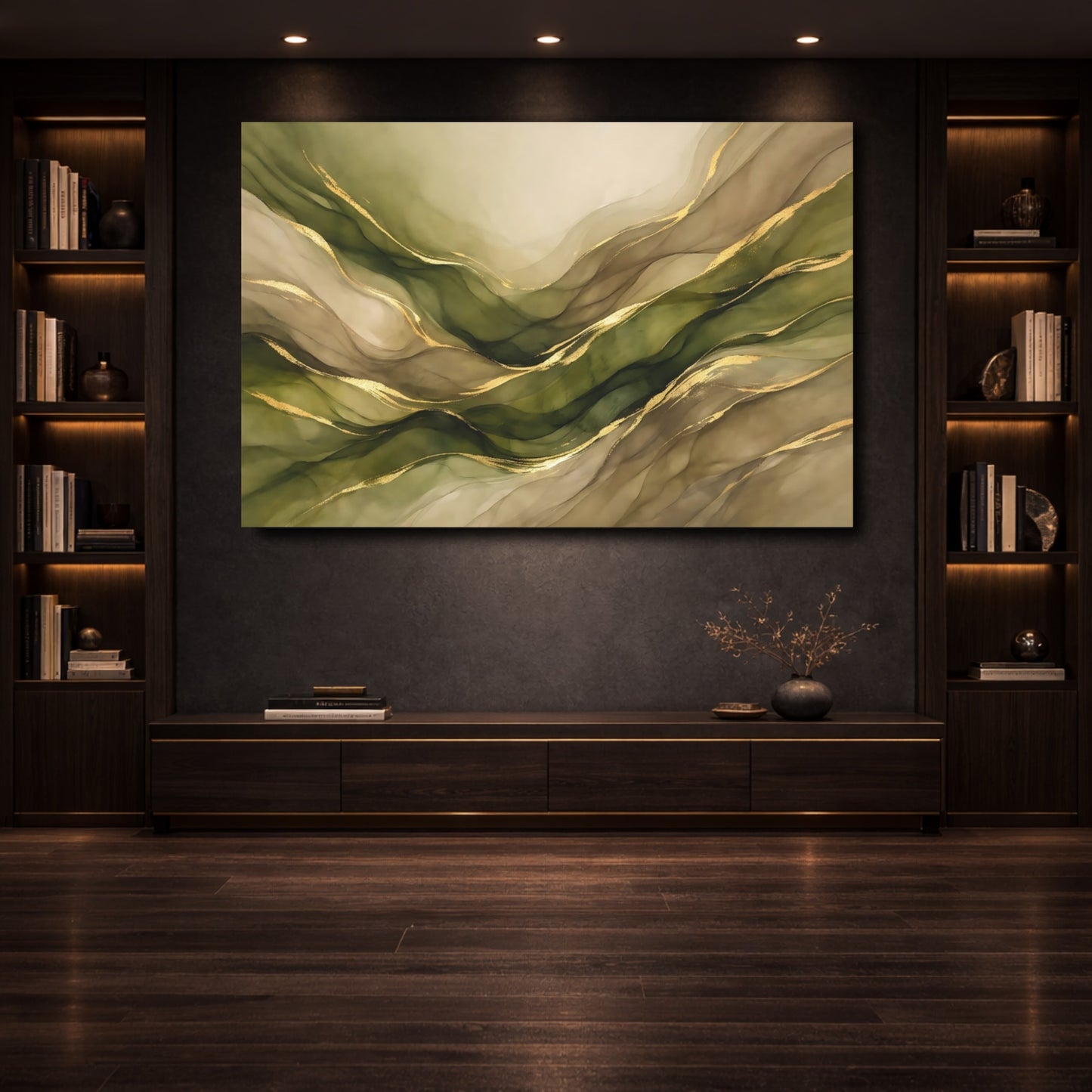 Mockup 3. Abstract Abstract Waves Green Gold Abstract shown as stretched canvas wall art