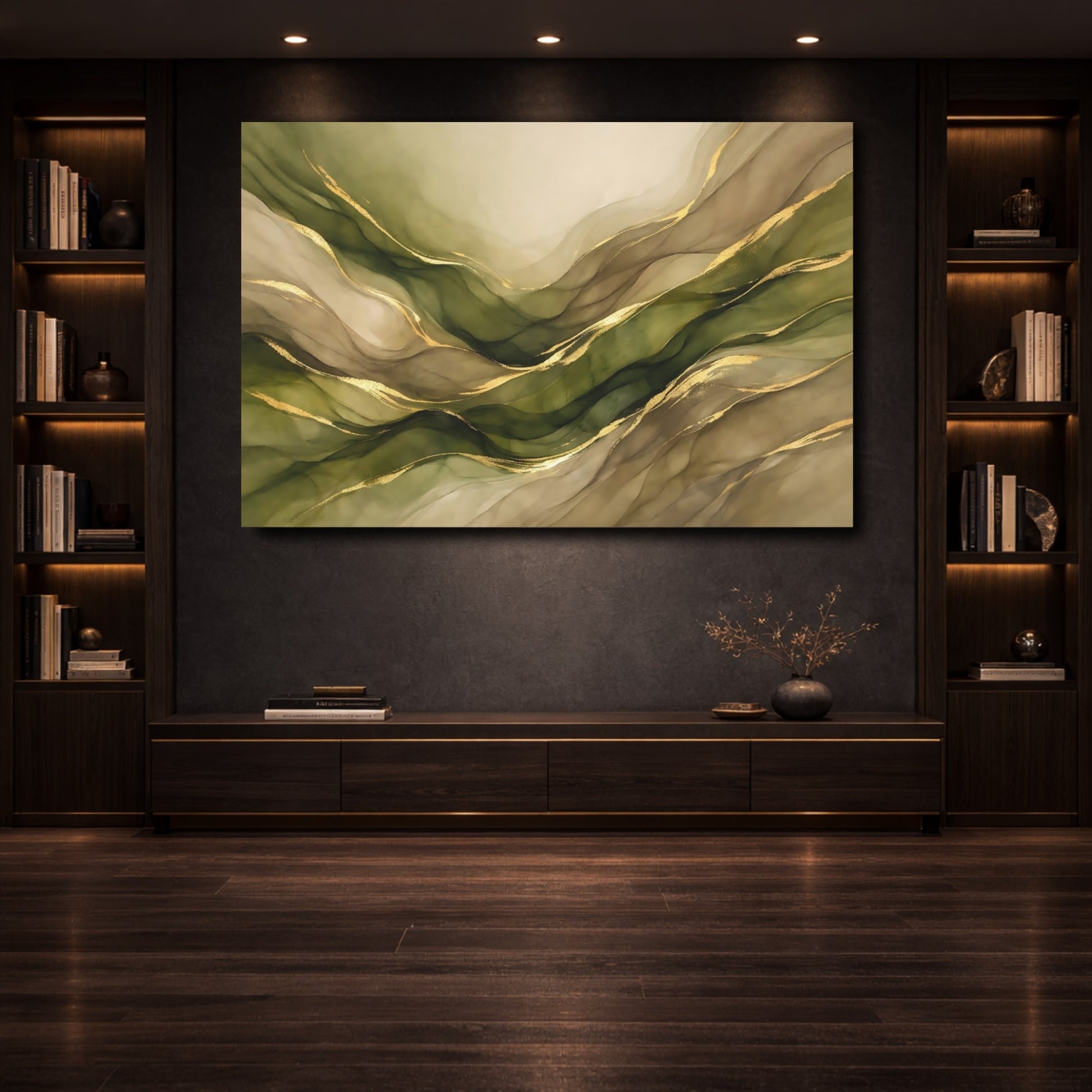 Mockup 3. Abstract Abstract Waves Green Gold Abstract shown as stretched canvas wall art