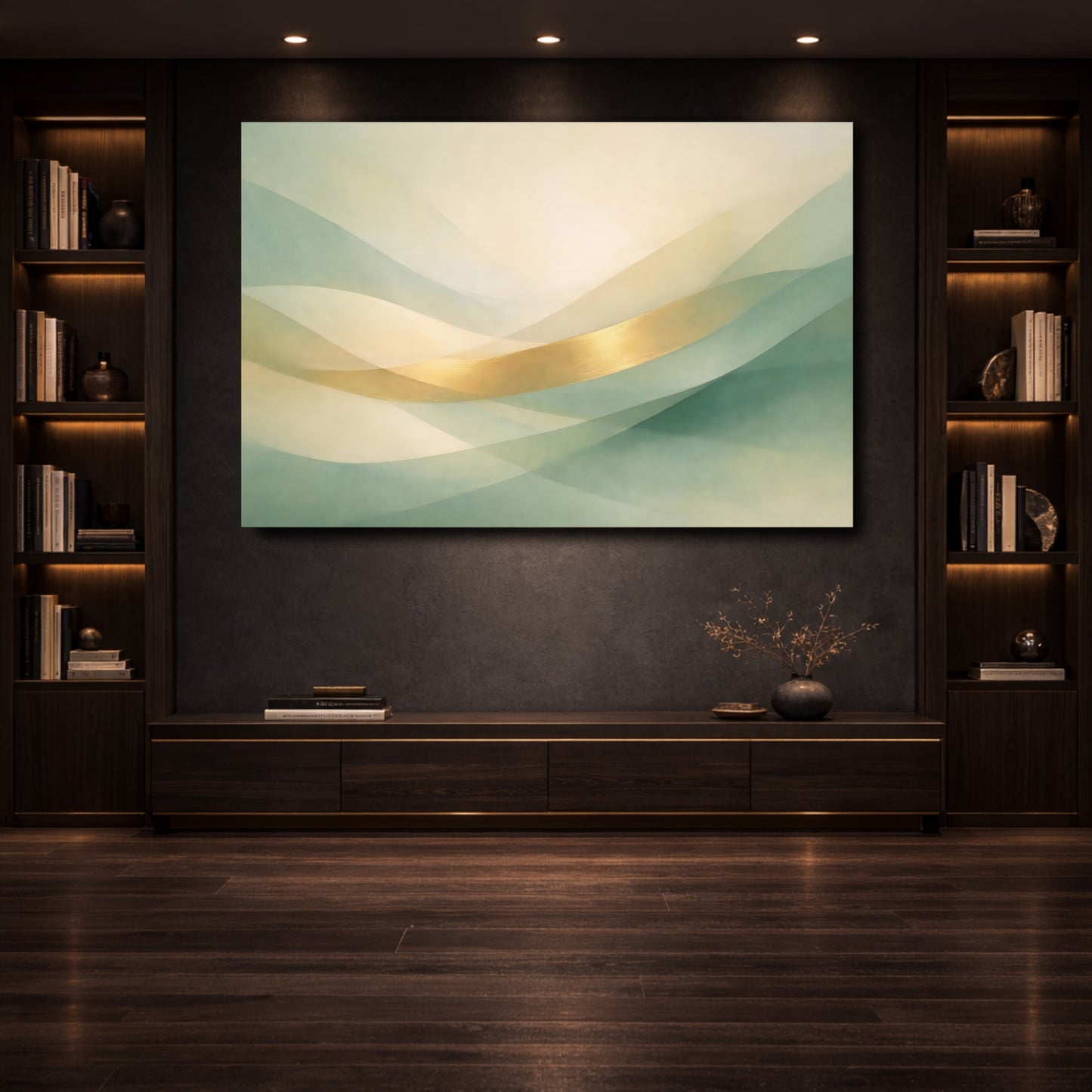 Mockup 3. Abstract Abstract Waves Green Gold Abstract shown as stretched canvas wall art