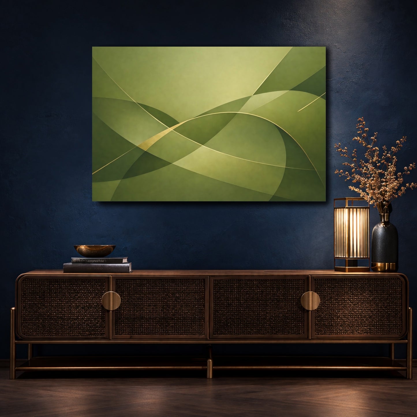Mockup 4. Abstract Abstract Waves Green Gold Abstract shown as stretched canvas wall art