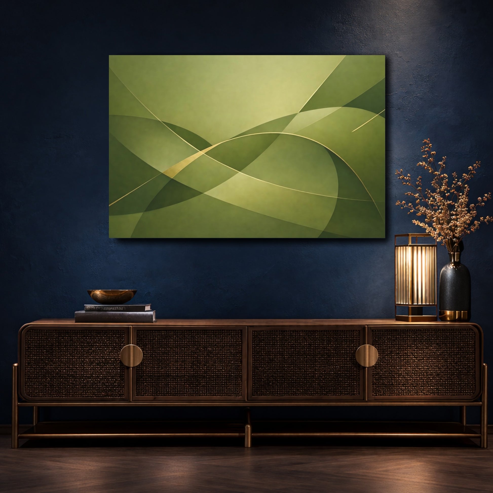 Mockup 4. Abstract Abstract Waves Green Gold Abstract shown as stretched canvas wall art