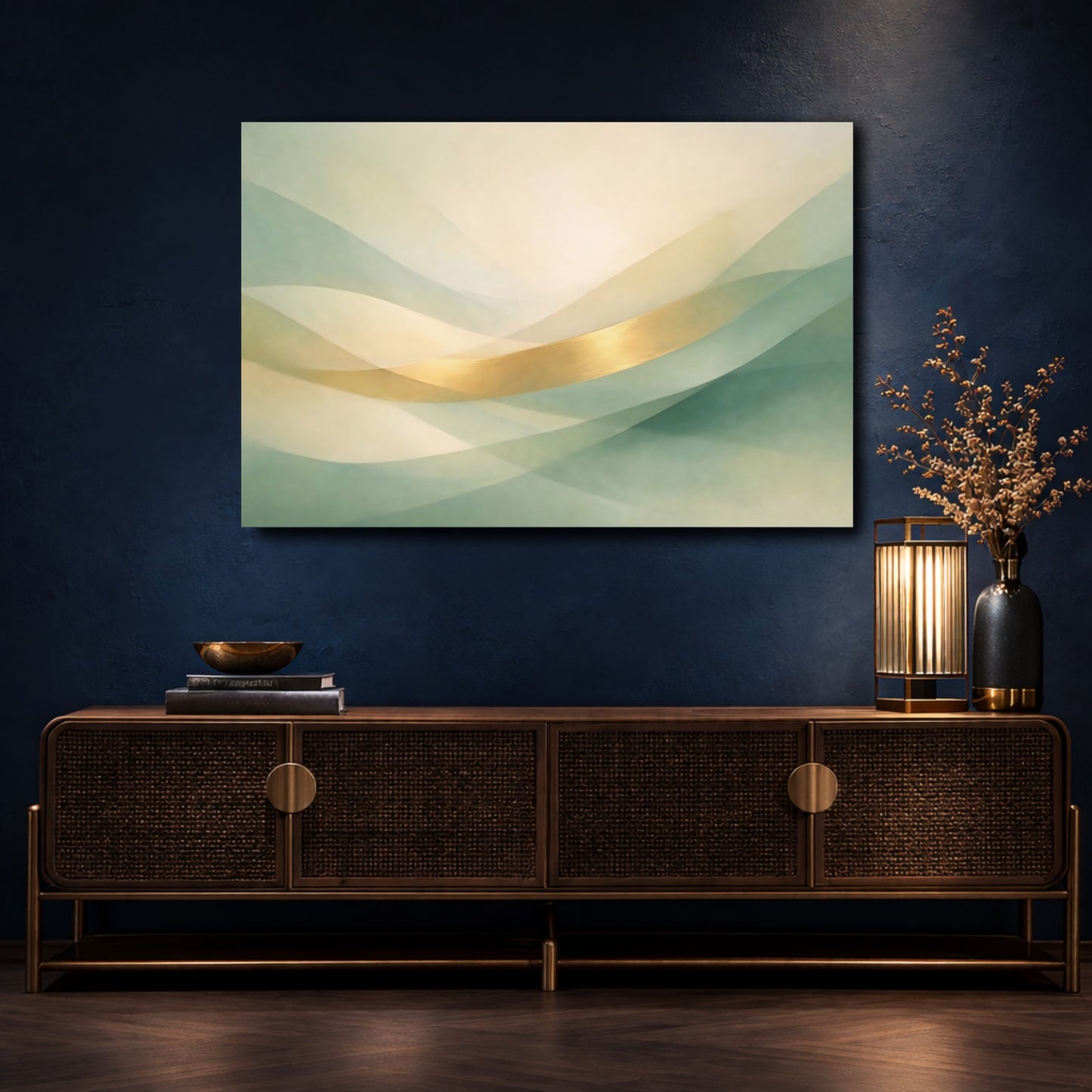 Mockup 4. Abstract Abstract Waves Green Gold Abstract shown as stretched canvas wall art
