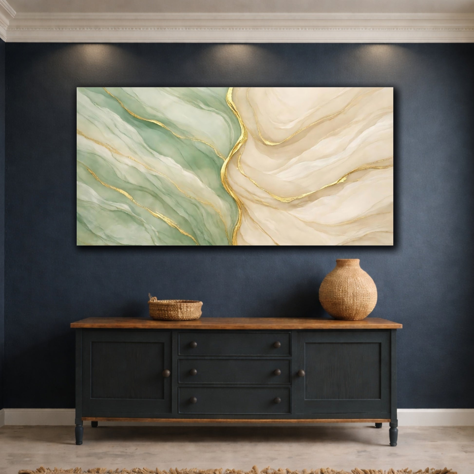 Mockup 4. Abstract Abstract Waves Green Gold Abstract shown as stretched canvas wall art
