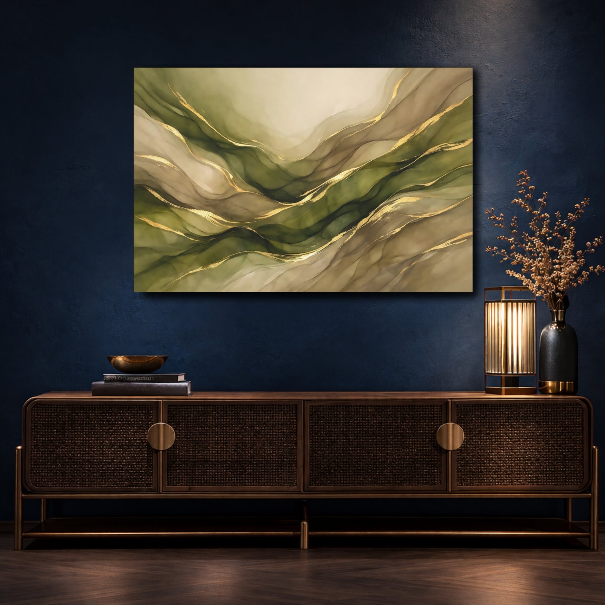 Mockup 4. Abstract Abstract Waves Green Gold Abstract shown as stretched canvas wall art