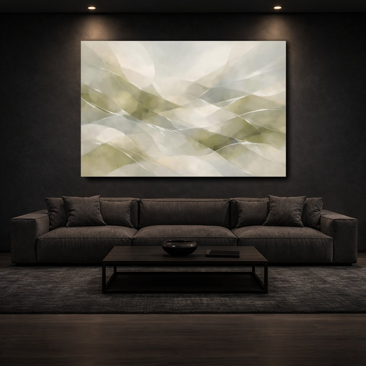 Mockup 2. Abstract Abstract Waves Green Grey Abstract shown as stretched canvas wall art