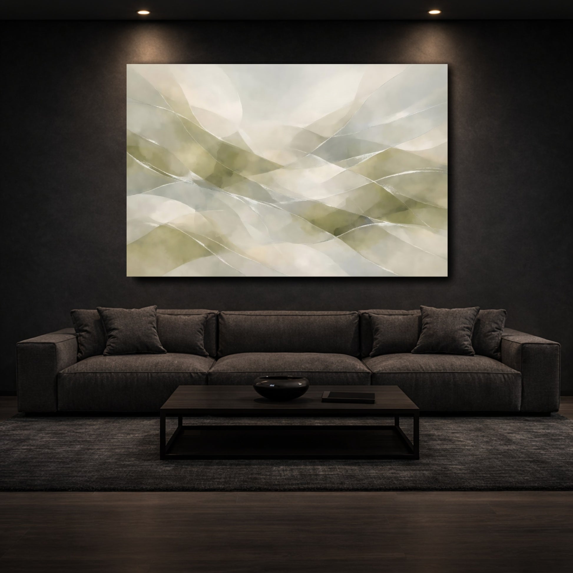 Mockup 2. Abstract Abstract Waves Green Grey Abstract shown as stretched canvas wall art