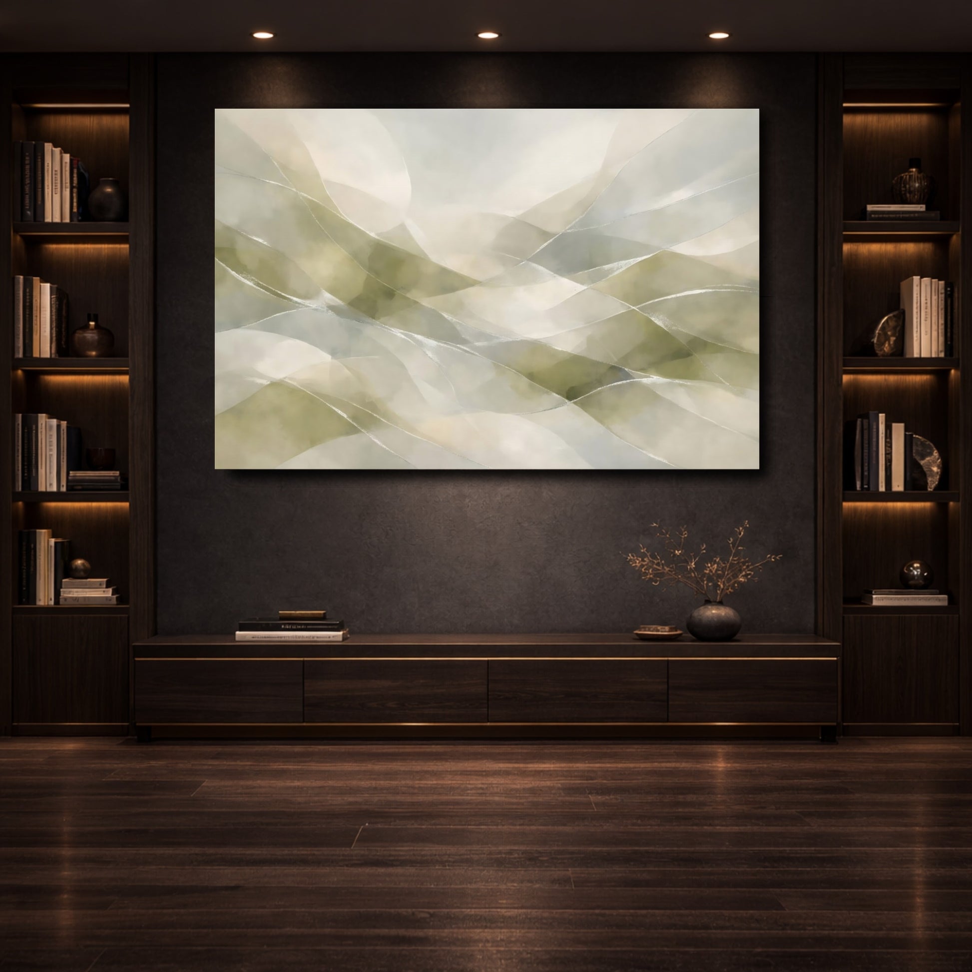 Mockup 3. Abstract Abstract Waves Green Grey Abstract shown as stretched canvas wall art
