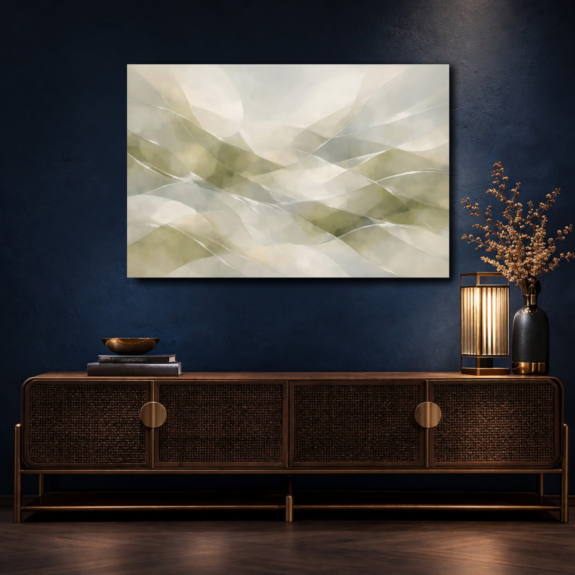 Mockup 4. Abstract Abstract Waves Green Grey Abstract shown as stretched canvas wall art