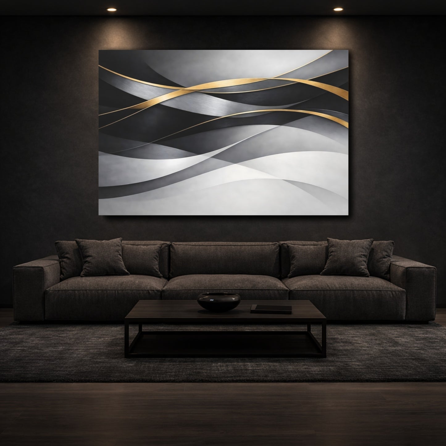 Mockup 2. Abstract Abstract Waves Grey And Gold shown as stretched canvas wall art