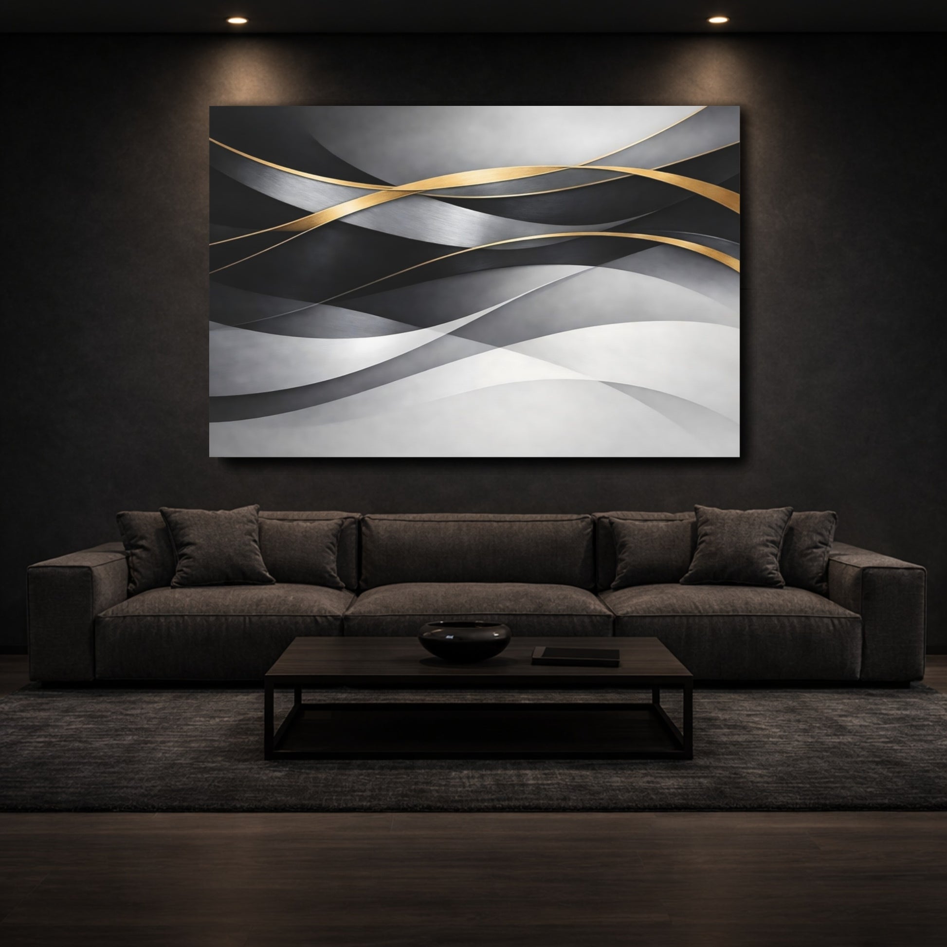 Mockup 2. Abstract Abstract Waves Grey And Gold shown as stretched canvas wall art