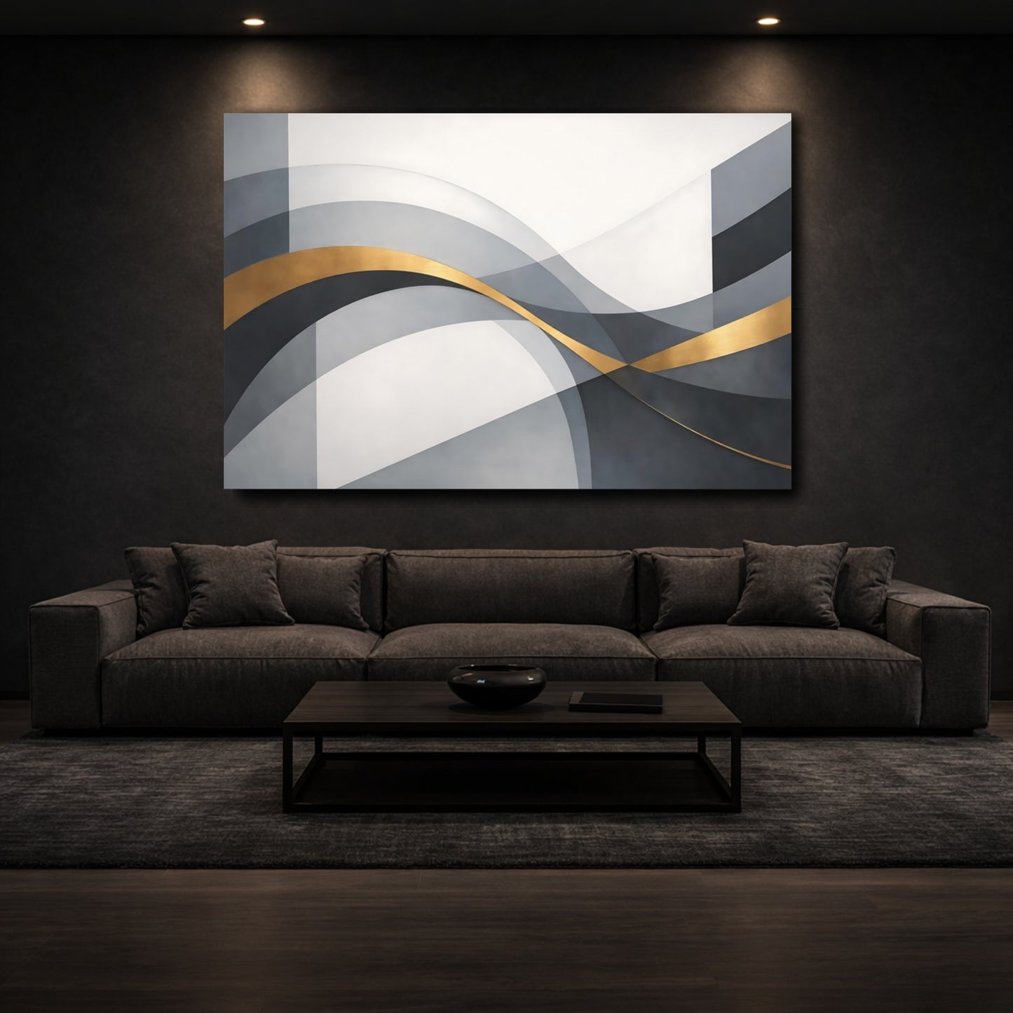 Mockup 2. Abstract Abstract Waves Grey And Gold shown as stretched canvas wall art