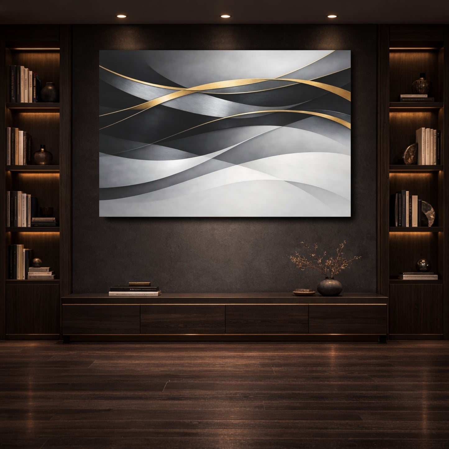 Mockup 3. Abstract Abstract Waves Grey And Gold shown as stretched canvas wall art