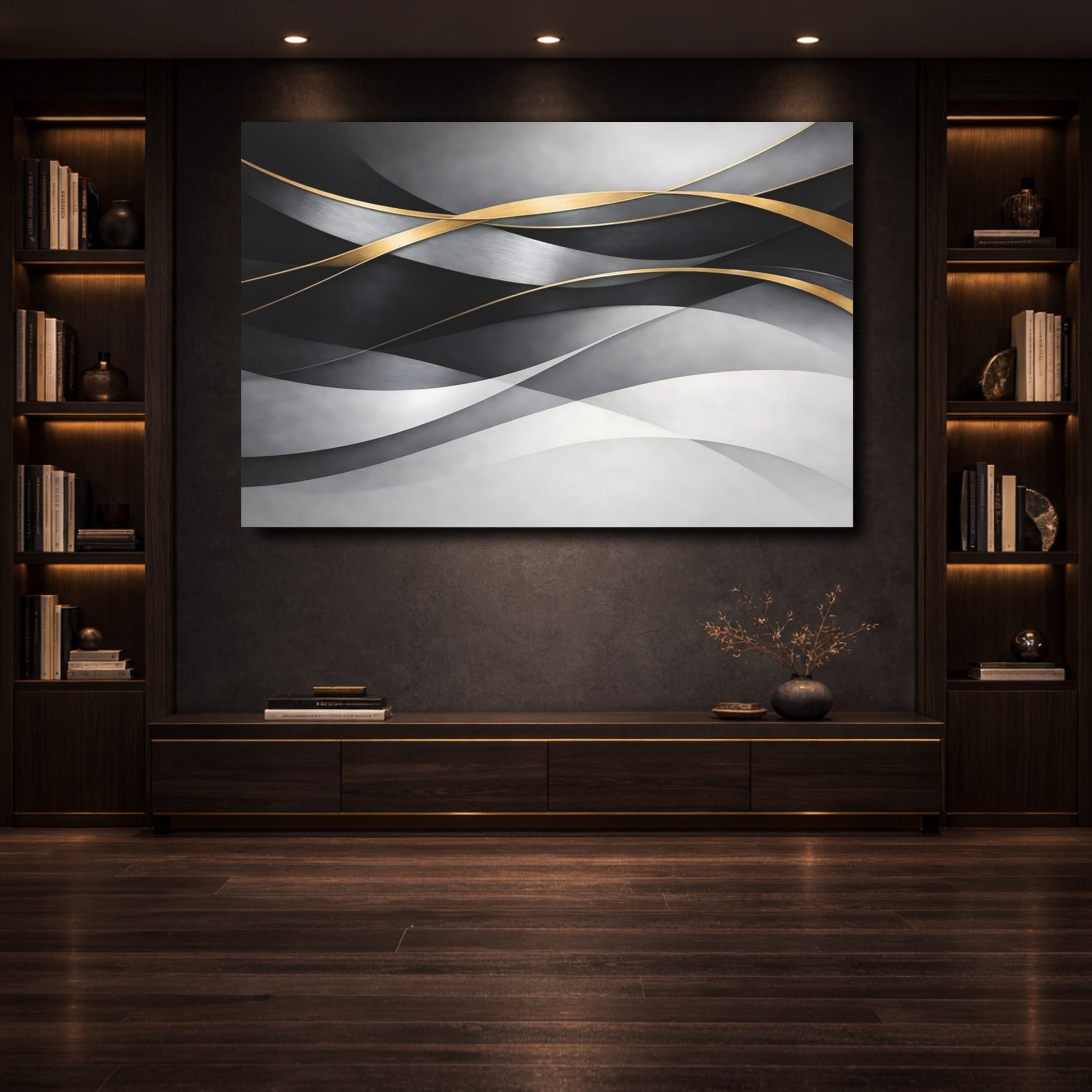 Mockup 3. Abstract Abstract Waves Grey And Gold shown as stretched canvas wall art