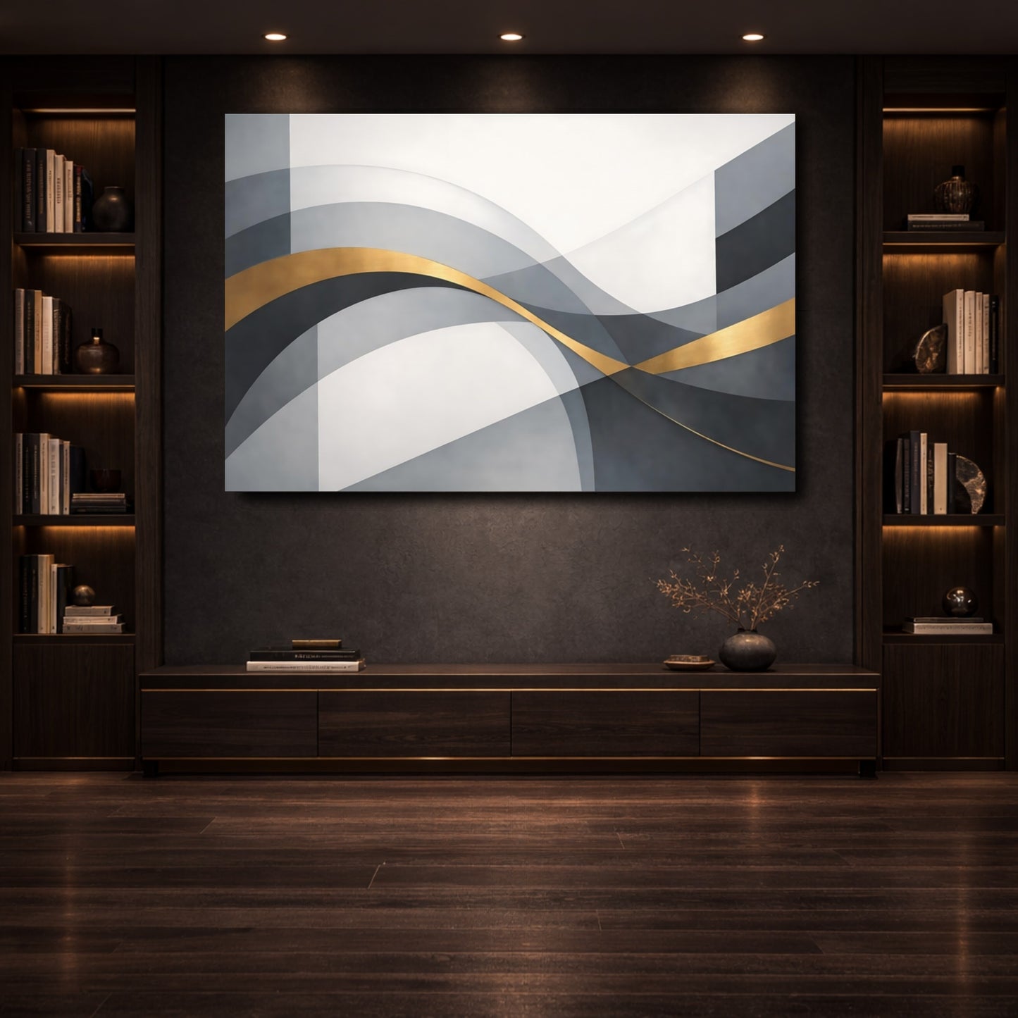 Mockup 3. Abstract Abstract Waves Grey And Gold shown as stretched canvas wall art